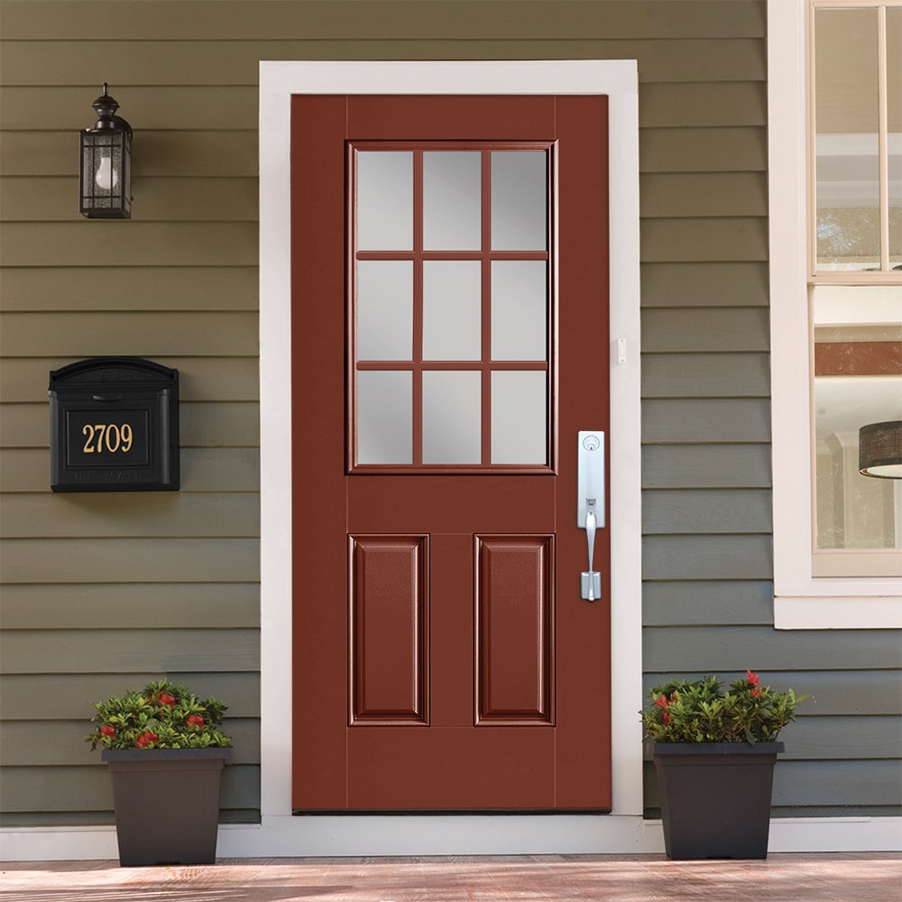 Masonite 1218761 36-in x 80-in x 4-9/16-in Fiberglass Half lite Left-hand inswing Fox tail Painted Prehung Front Door with Brickmould Insulating core with Grilles