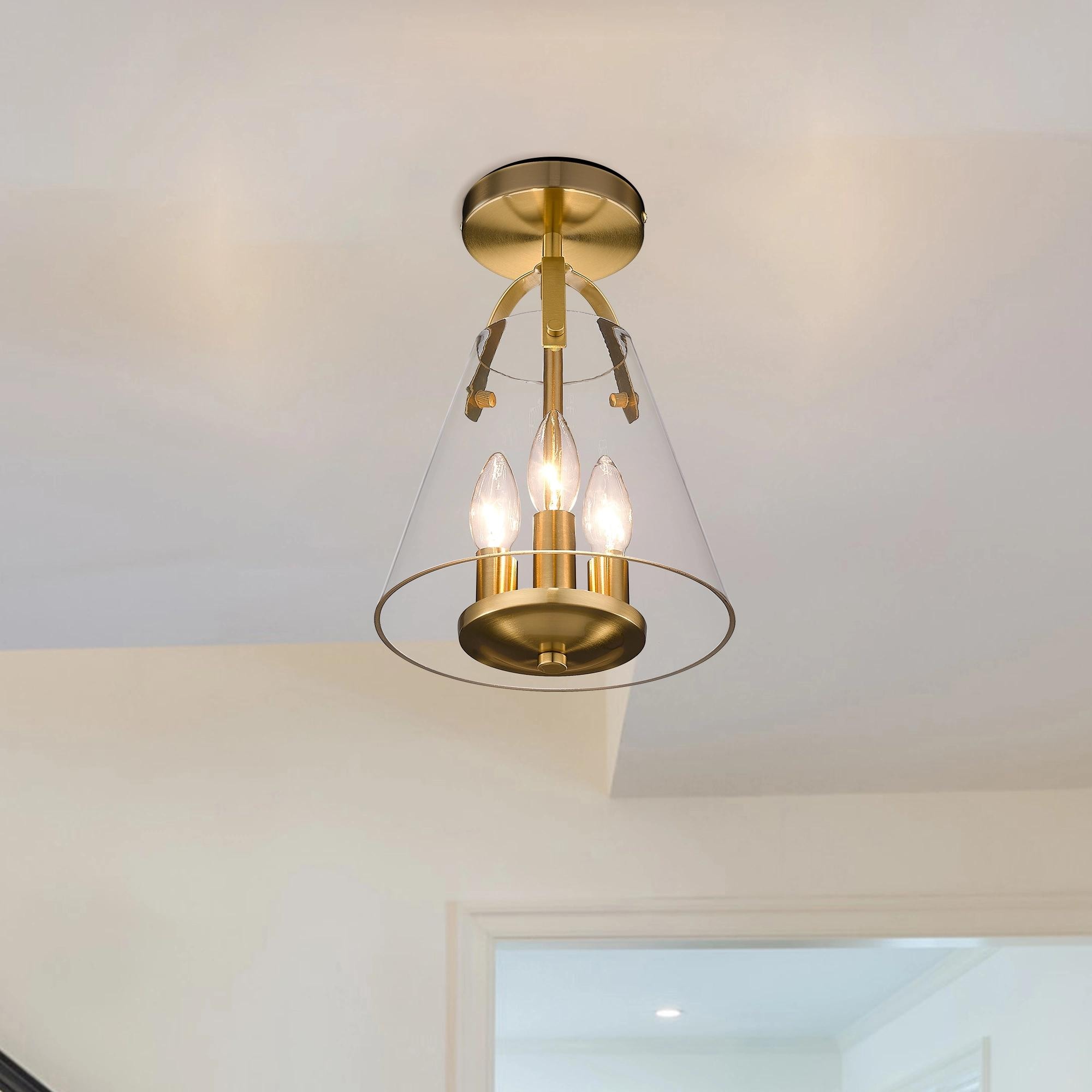 Bayfeve BF-52RYDB 3-Light semi-flush Mount Industrial clear Glass Ceiling light 3 -Light 8.63-in Gold Semi Flush Mount Light