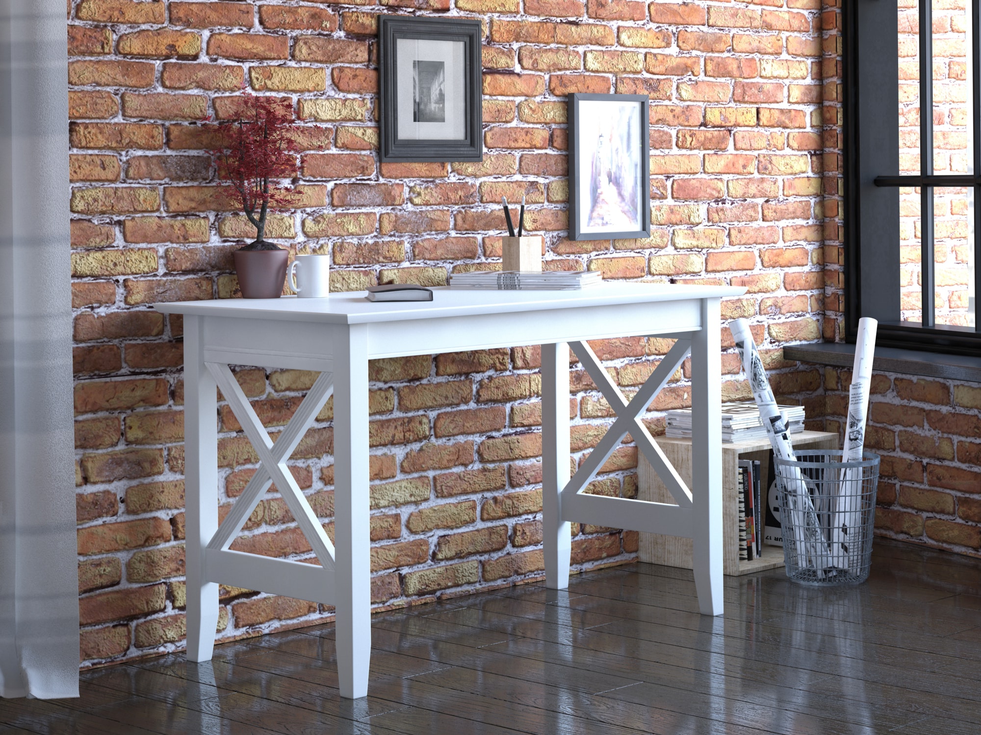 Crossed Design Solid Hardwood White Writing Desk with Drawer