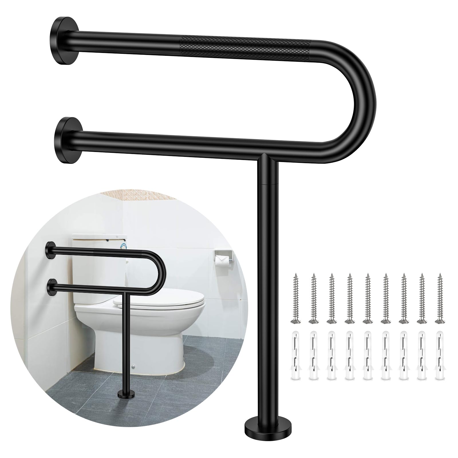 Wudkey Black 23.4 Inch Anti-Slip Toilet Support Rail with Floor Leg Stainless Steel Bathroom Grab Bar for Elderly and Disabled Knurled Safety Handrail