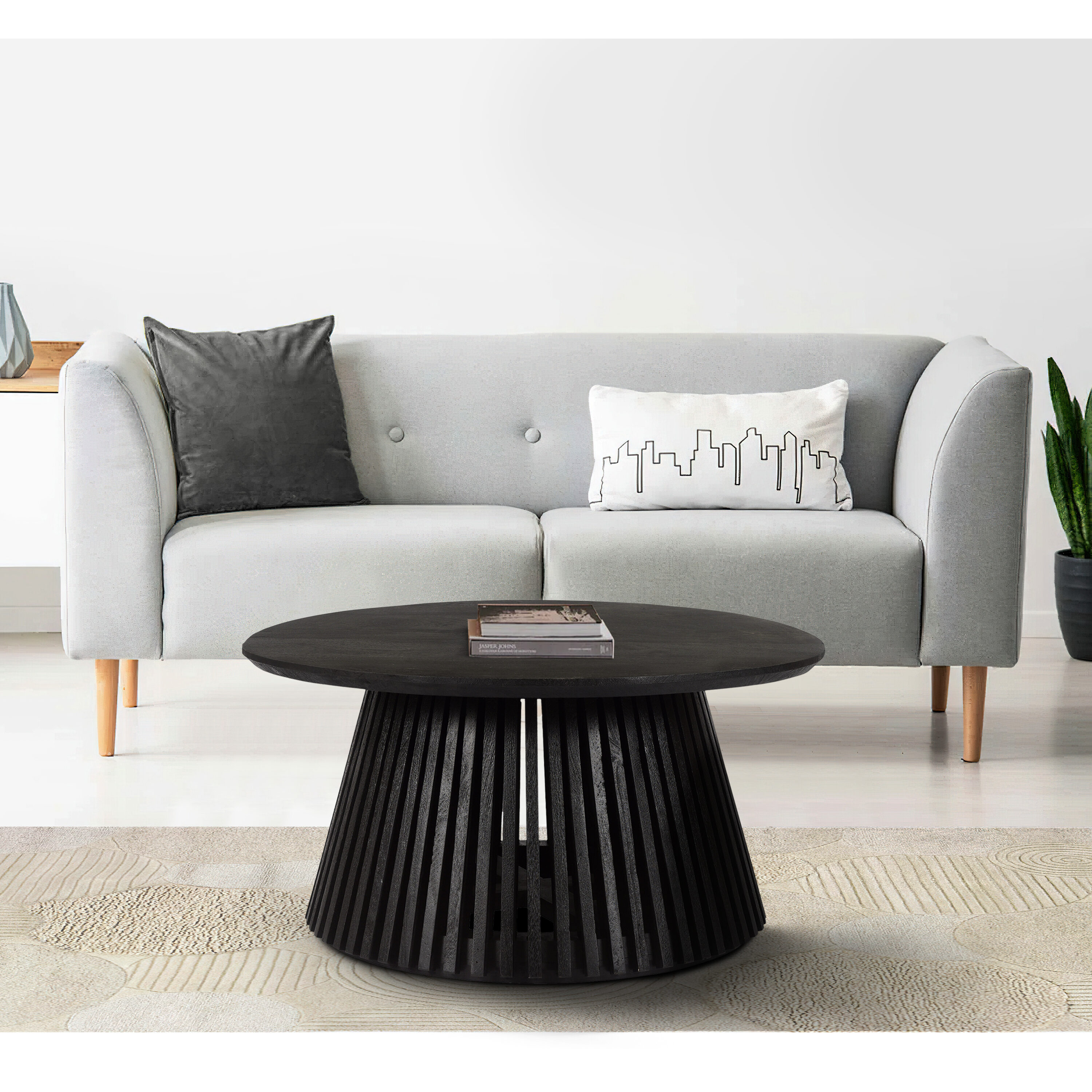 Jet Black Round Solid Wood Coffee Table with Slatted Base