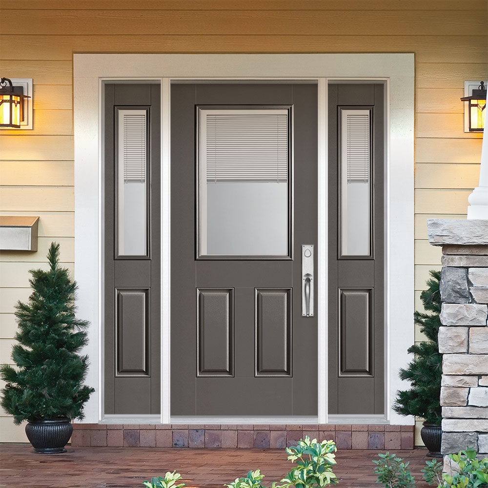 Masonite 1218517 60-in x 80-in x 4-9/16-in Fiberglass Half lite Left-hand inswing Timber Gray Painted Prehung Front Door with Sidelights with Brickmould Insulating core with Blinds