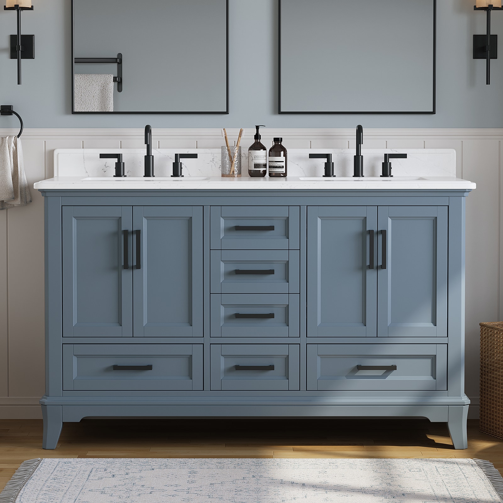 DELUXE LIVING V0026 Rawsonville 61-in Blue Undermount Double Sink Bathroom Vanity with White Quartz Top
