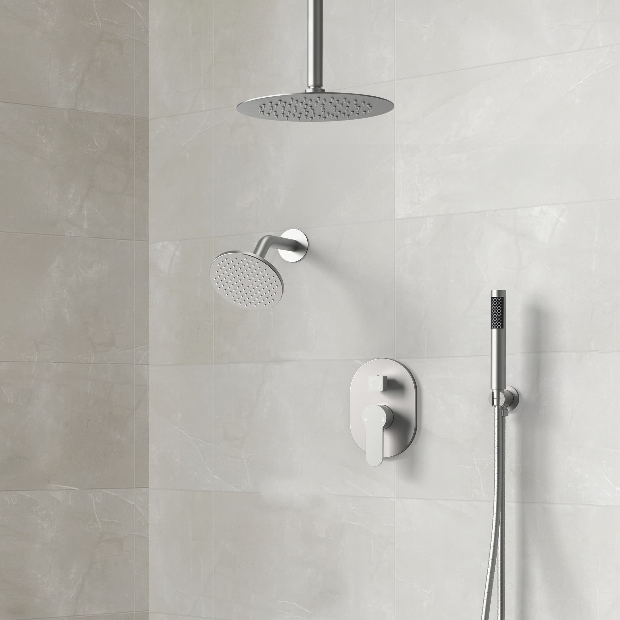 EVERSTEIN SFS-1057-NK10 3-Spray Patterns Round Fixed Shower Head 10 and 6 in. with 2.5 GPM Ceiling Mount Dual Shower Heads in Brushed Nickel
