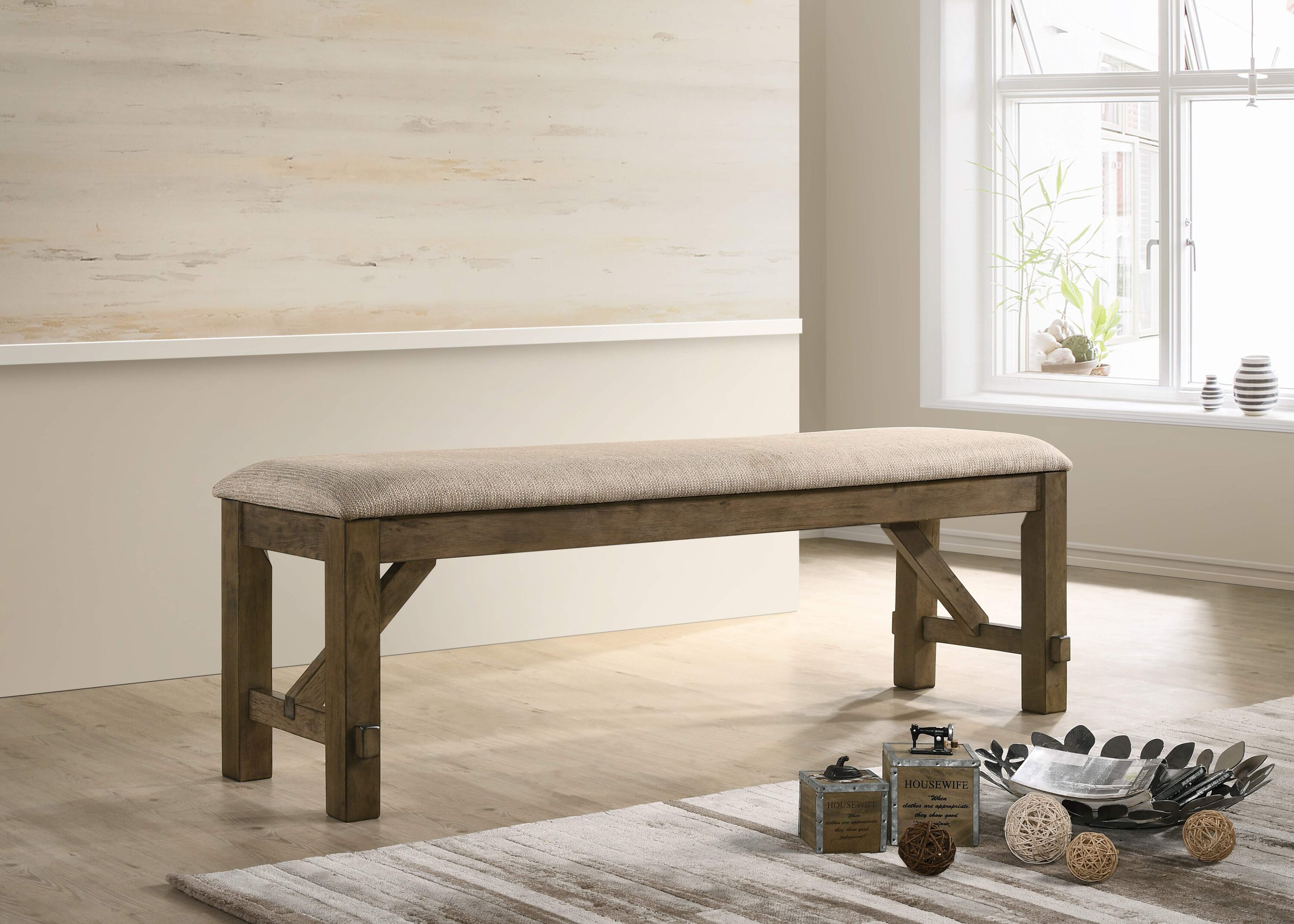 Dexmalle - Brown Wood Fabric Upholstered Dining Bench