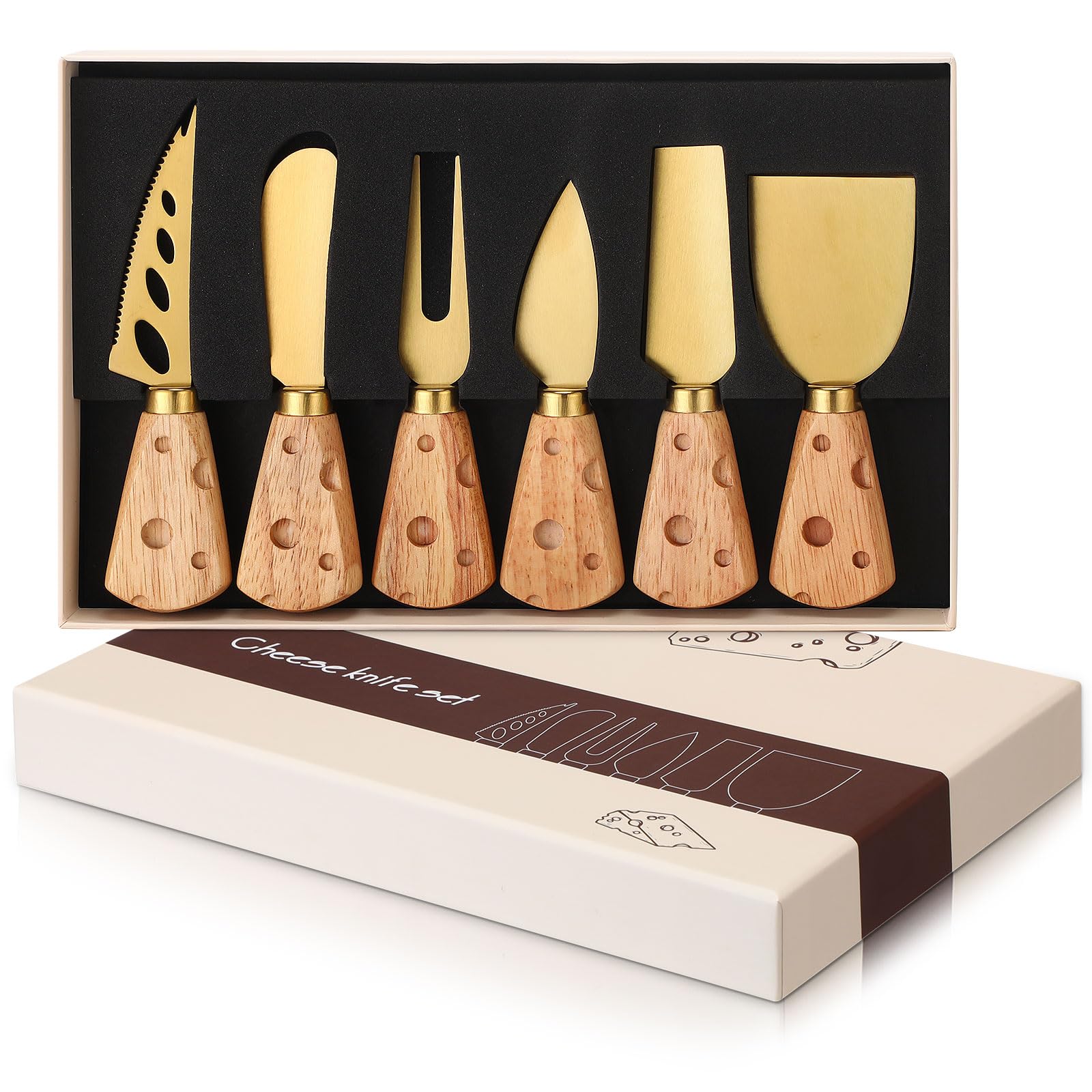 Aoibox  6 Piece Gold Stainless Steel Cheese Knife Set with Wooden Handles for Charcuterie Board Kitchen Pair