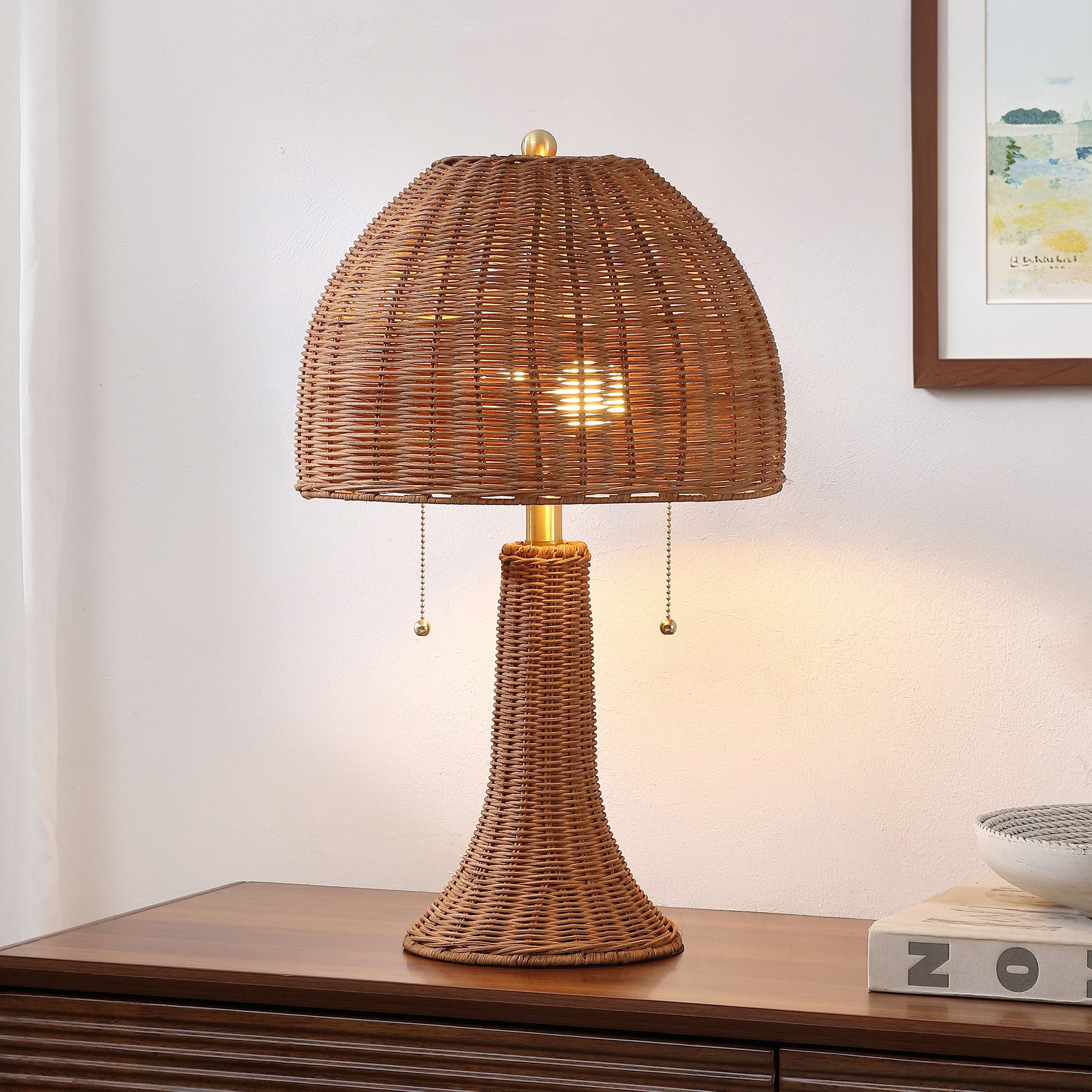 JONATHAN  Y JYL4040C Joanie Rustic Iron 22-in Dark Brown/Brass Gold LED Pull-chain Table Lamp with Rattan Shade