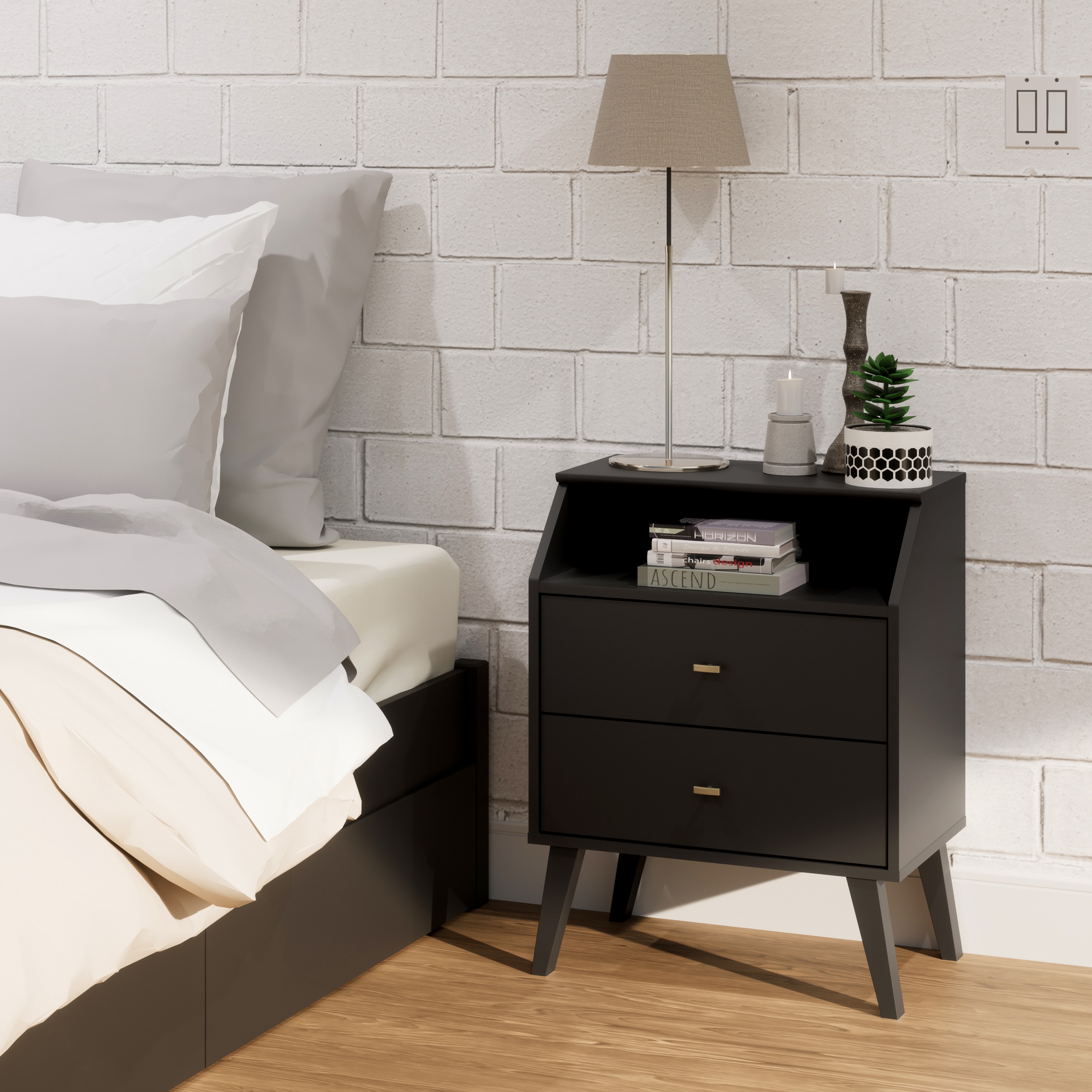 Milo Mid-Century Modern Black 2-Drawer Nightstand with Brass Knobs