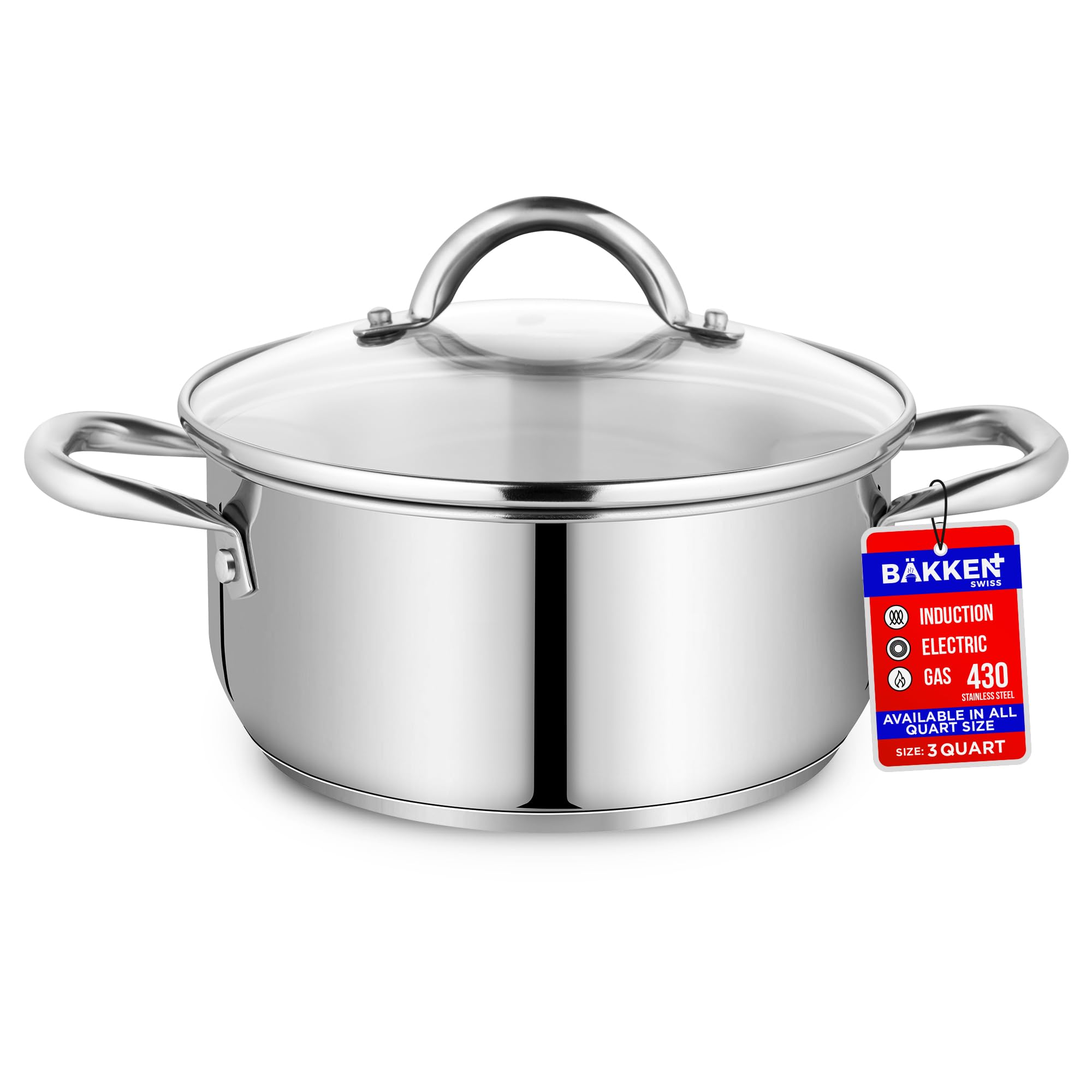 Bakken Swiss Stainless Steel Stockpot with Tempered Glass Lid 3 Quart Durable 18 0 Stainless Steel Impact Bonded Base Even Heating Riveted Handles Oven and All Stove Compatible Safe Up to 500F 260C