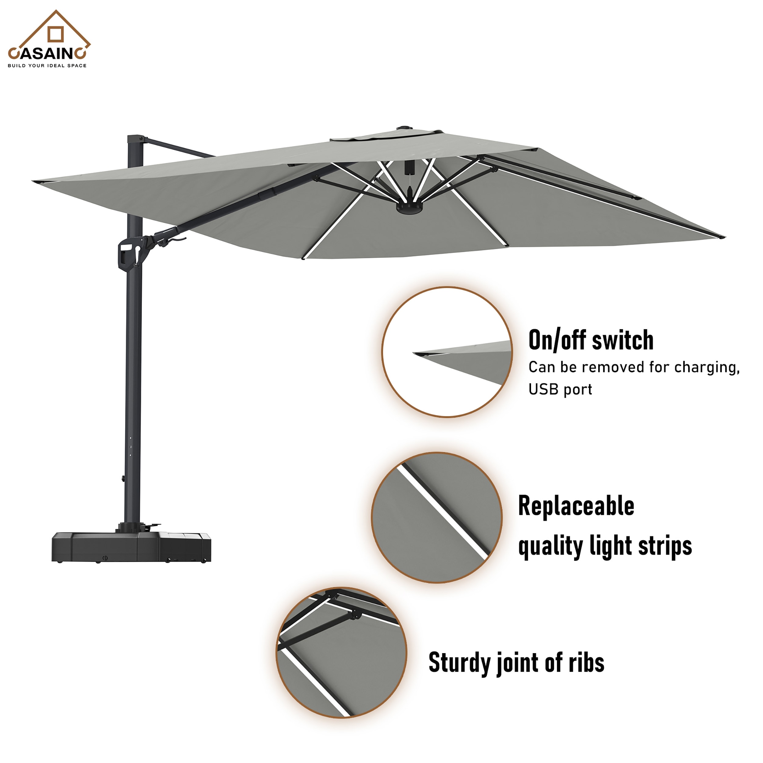 CASAINC 11-ft Aluminum Gray Cantilever Patio Umbrella with Lights and ...