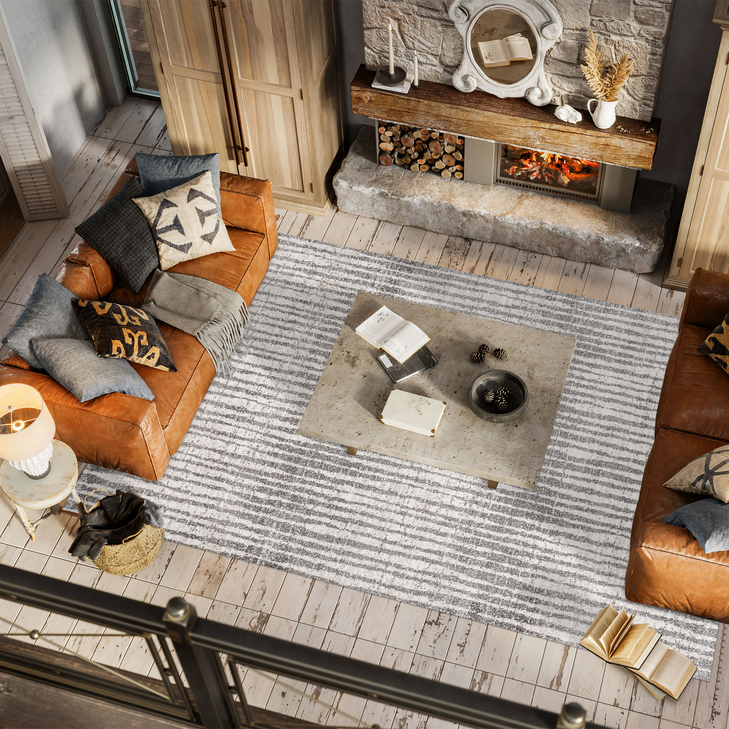 Skoura 3' x 5' Beige and Gray Stripe Synthetic Area Rug