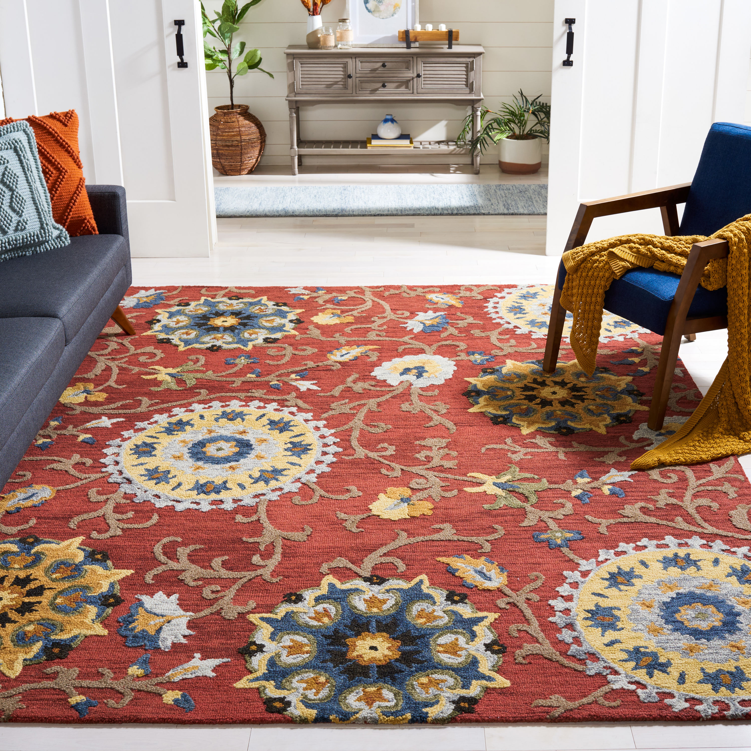 Handmade Blossom Red Floral Wool Area Rug 5' x 8'