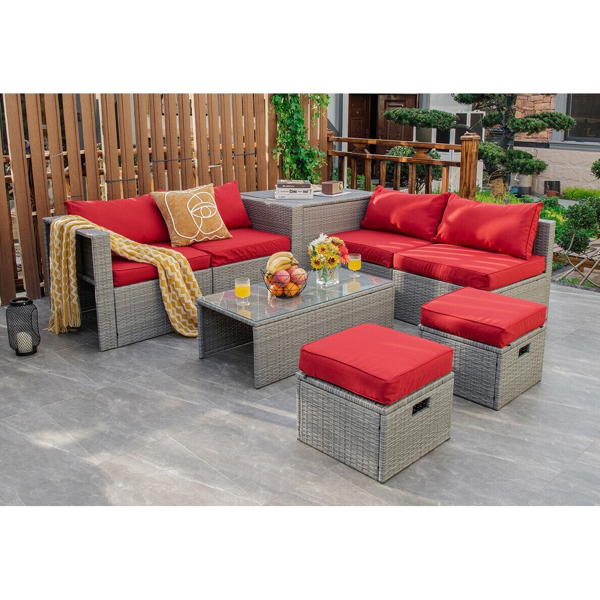 Clihome CWCH-HW68AD604RE+ 8 -Piece Rattan 2 Patio Sofa Conversation Set with Red Polyester Cushions