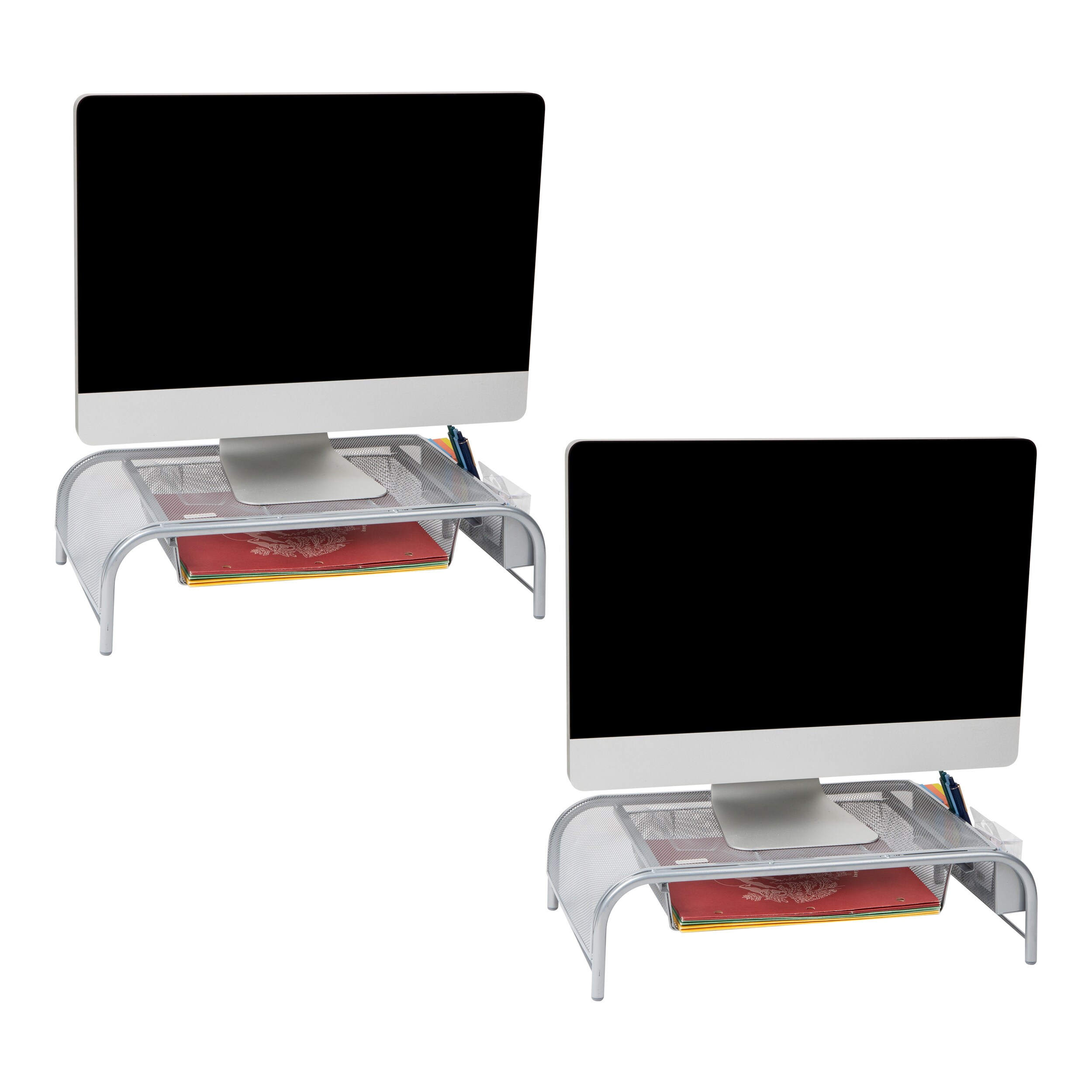 Mind Reader 2MESHMON-SIL Metal Mesh Monitor St and Desk Organizer with Drawer, Monitor Riser, Silver- 2 Pack