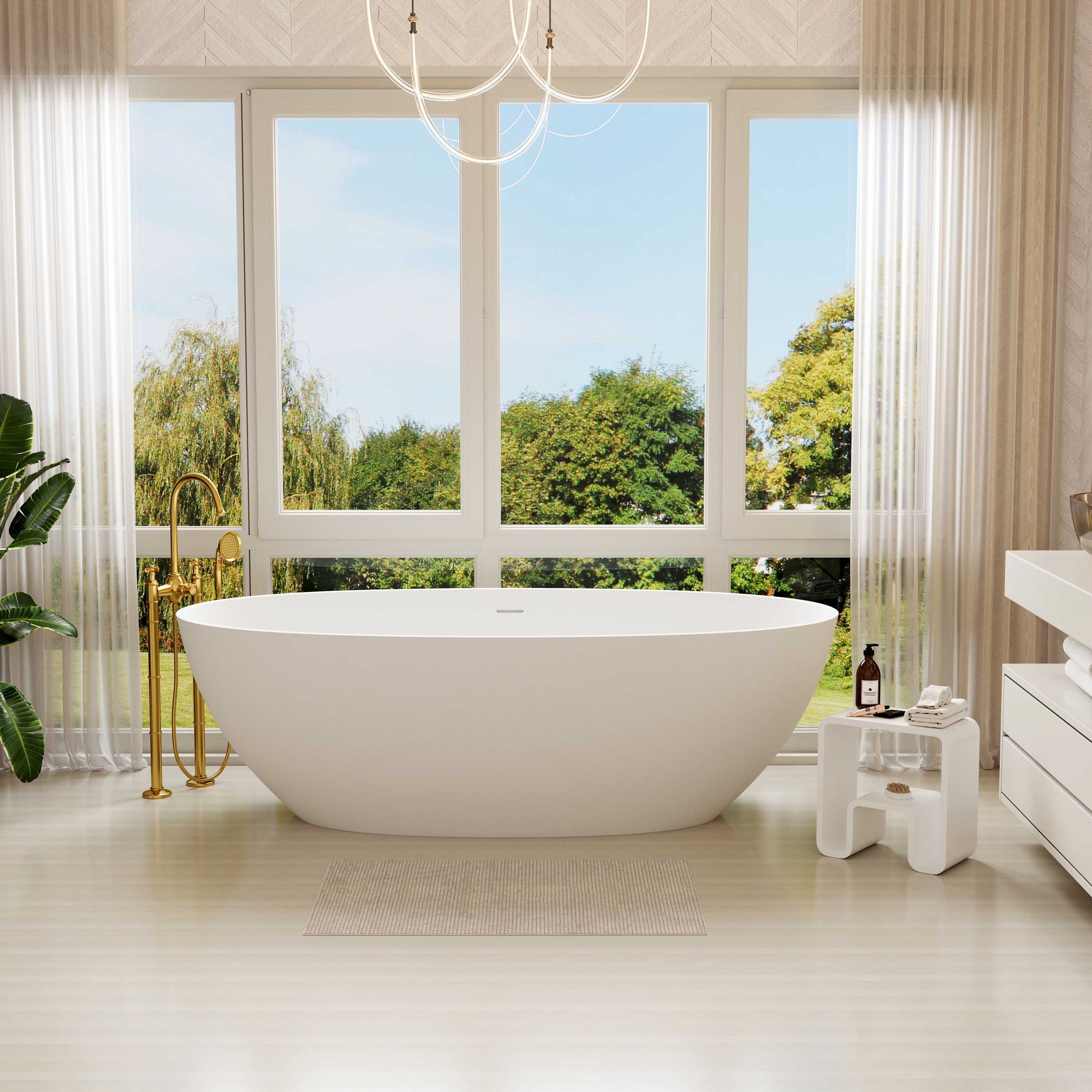 CASAINC 35.4-in x 70.9-in Matte White Solid Surface Oval Freestanding Soaking Bathtub with Drain ( Center Drain )