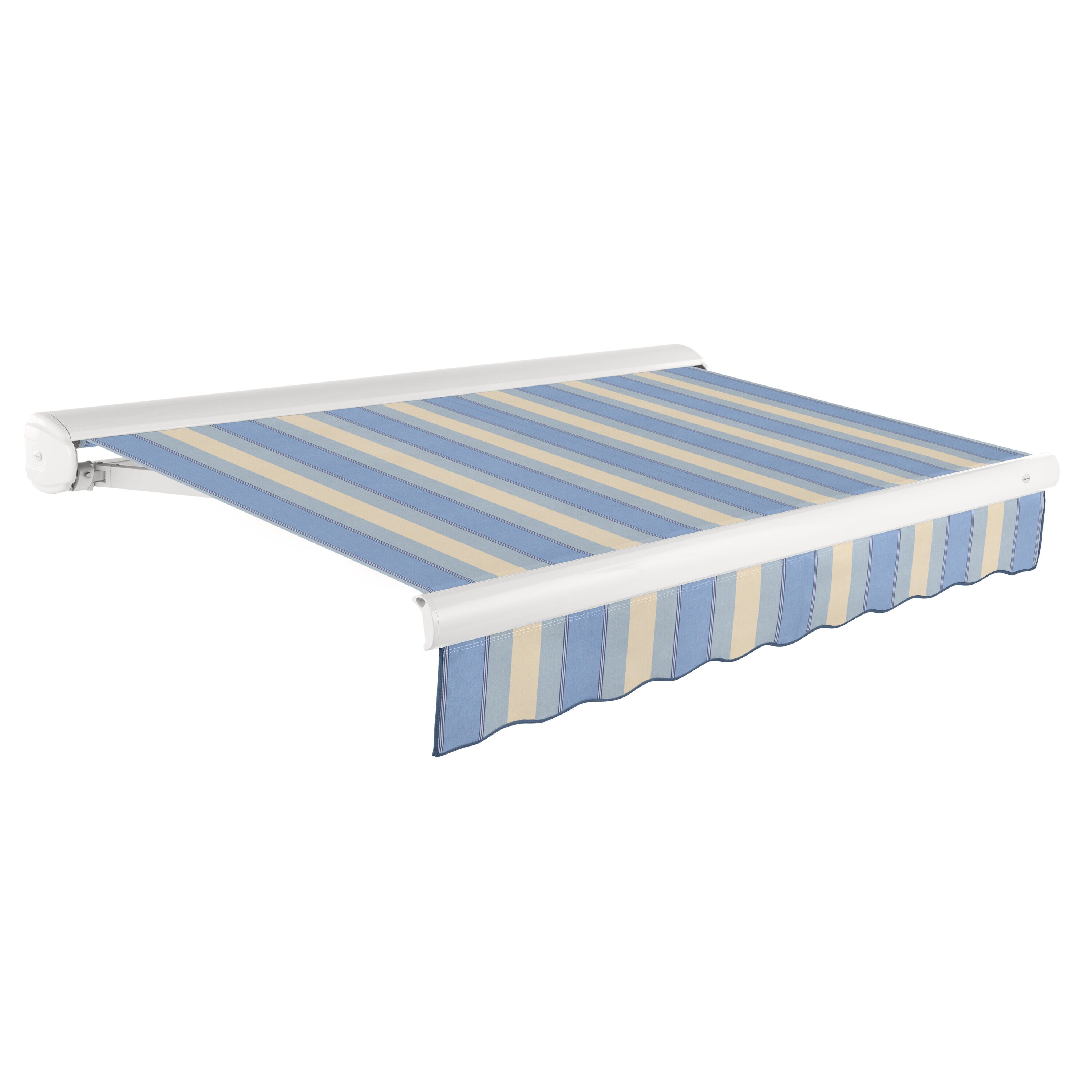 Awntech KWR16-L-DBTD Full Cassette Right Motor 192-in Wide x 120-in Projection x 10-in Height Fabric Dusty Blue/Tan Wide Stripe Striped Motorized Retractable Patio Awning