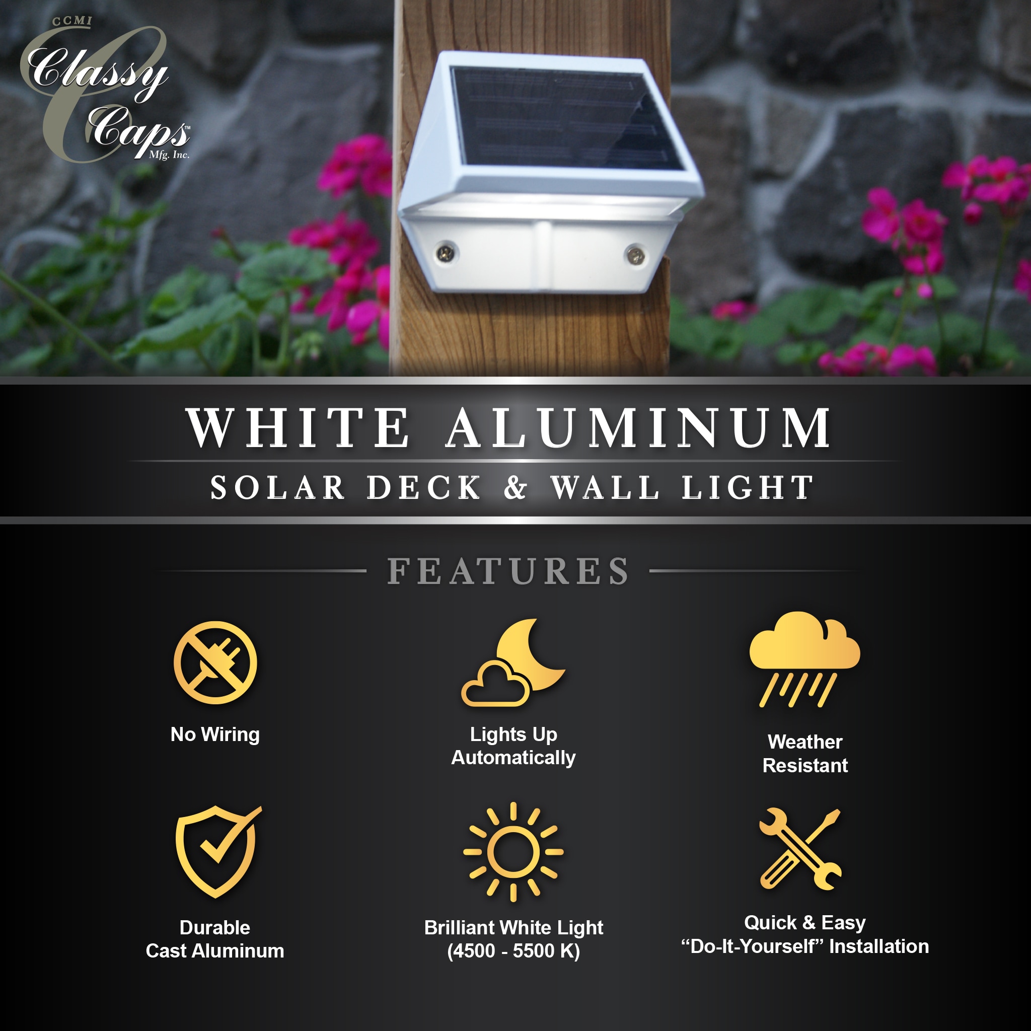 White Aluminum Solar LED Dusk-to-Dawn Post Cap Light
