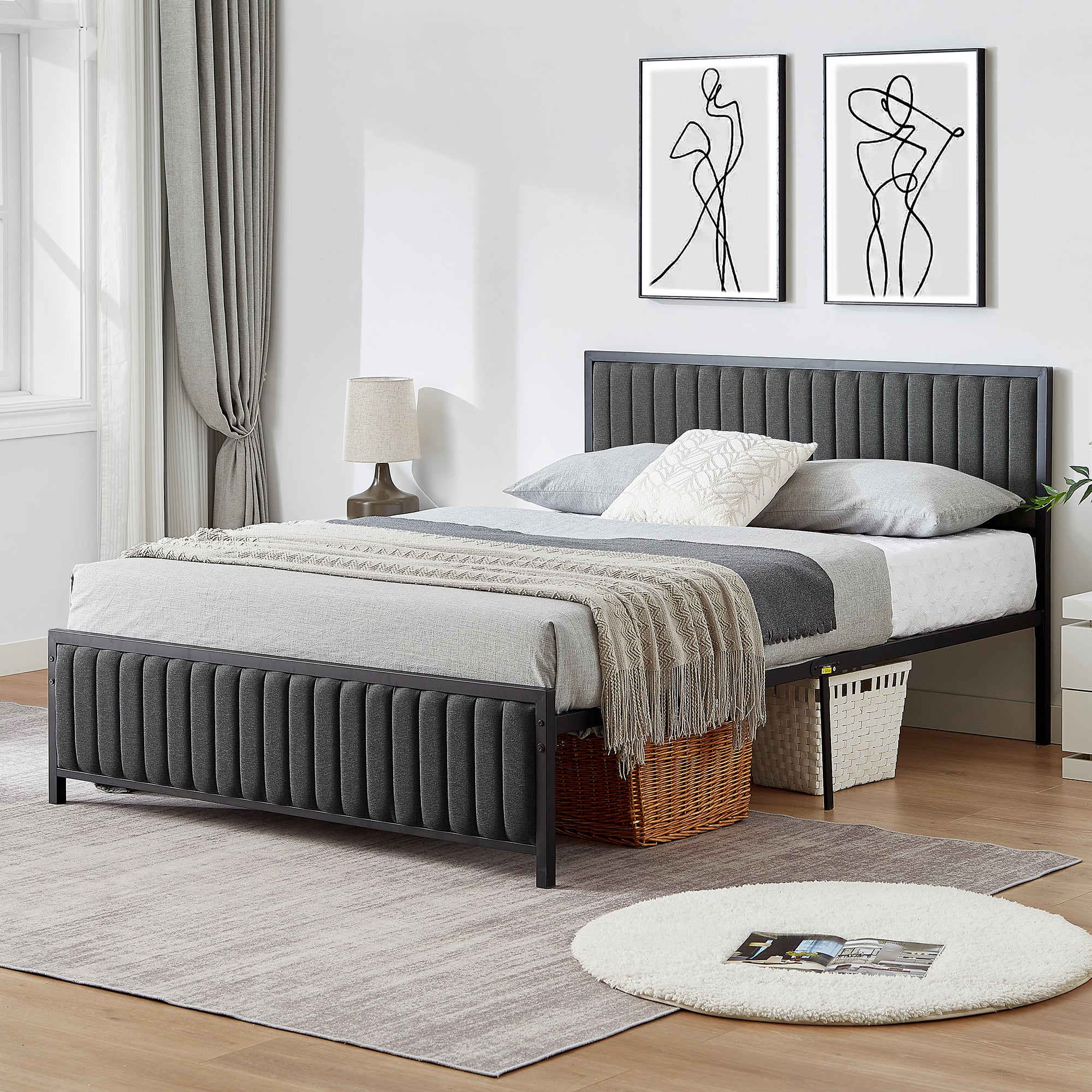 Vecelo LOE-Q37-GRY Queen Size Bed Frame with Upholstered Headboard Heavy Duty Steel Slats Platform No Box Spring Needed Dark Gray
