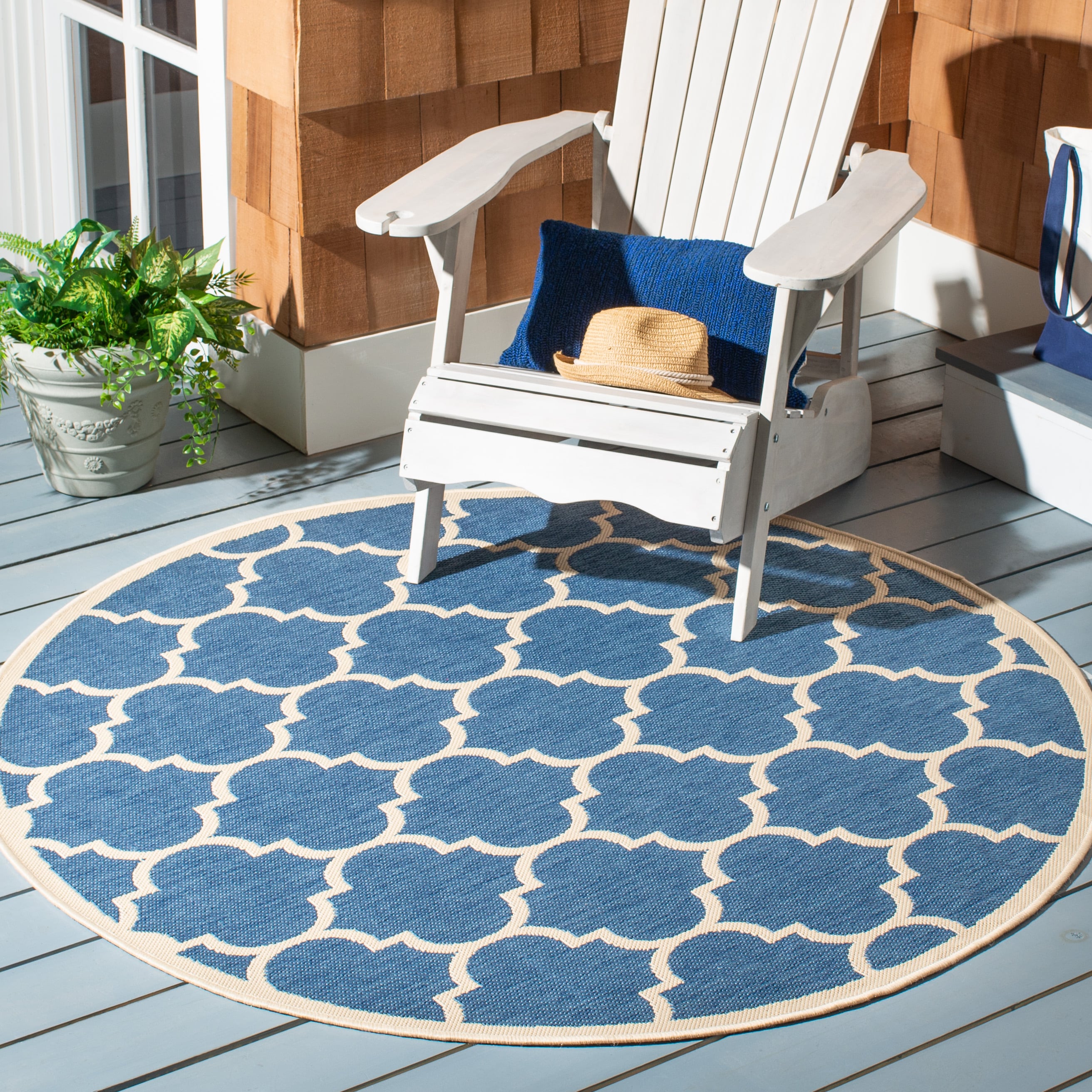 Safavieh CY6914-243-5R Courtyard Omao 5 x 5 (ft) Loomed Polypropylene Blue/Beige Round Indoor/Outdoor Trellis Coastal Area rug