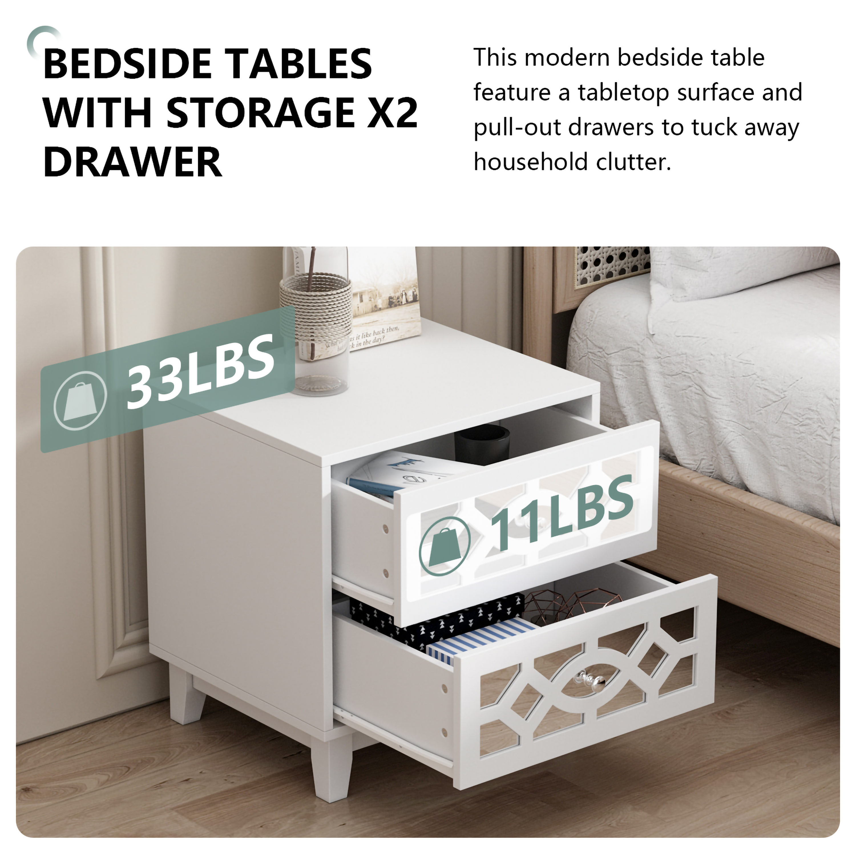 FUFU&GAGA 2-Drawer White Nightstands Side Table Bedside Table 18.9 in. H x  15.7 in. W x 11.6 in. D KF200150-01 - The Home Depot