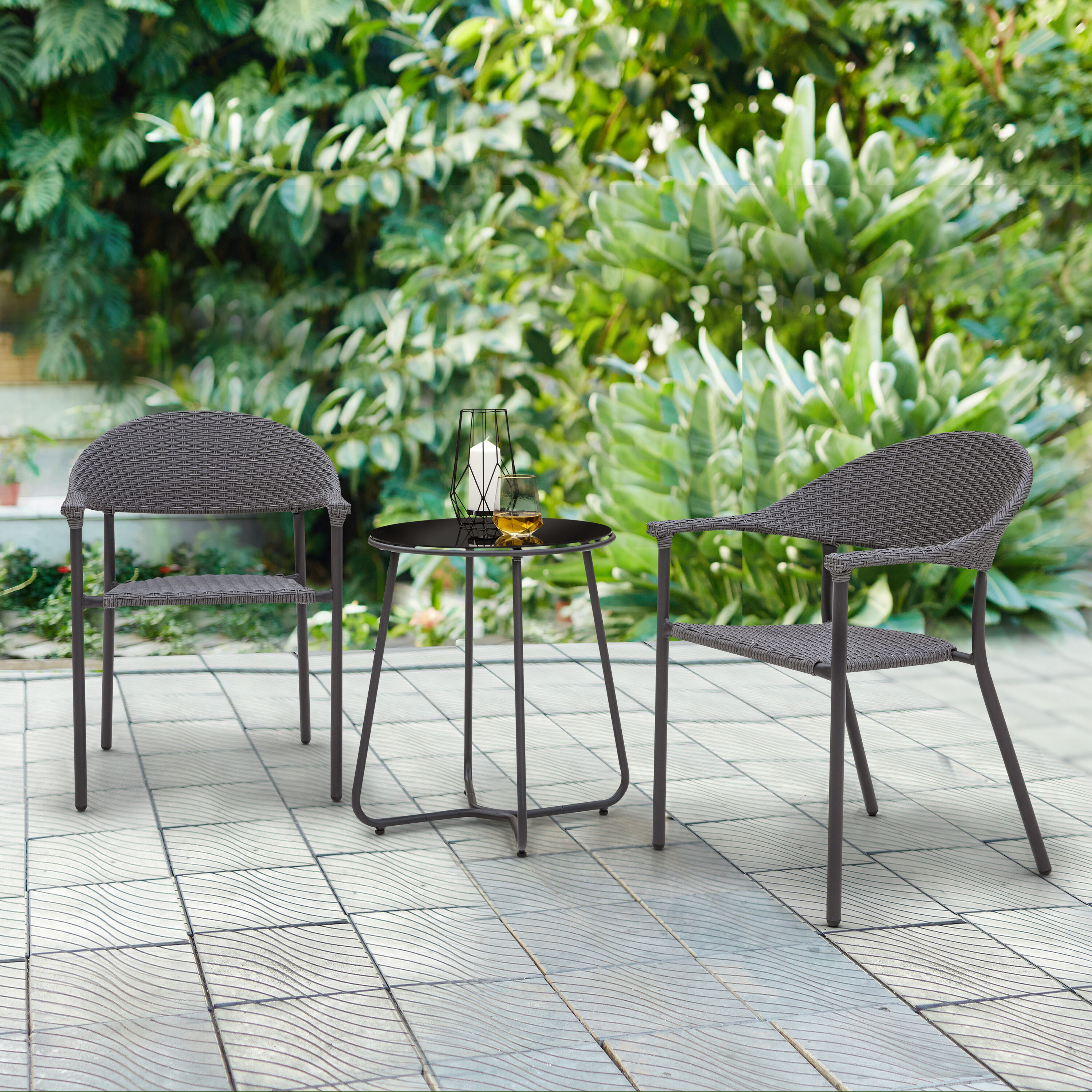 Nuu Garden SWD005-01-BL 3 -Piece Black Wicker Bistro Patio Dining Set Iron Round Table with 2 Stationary Chairs