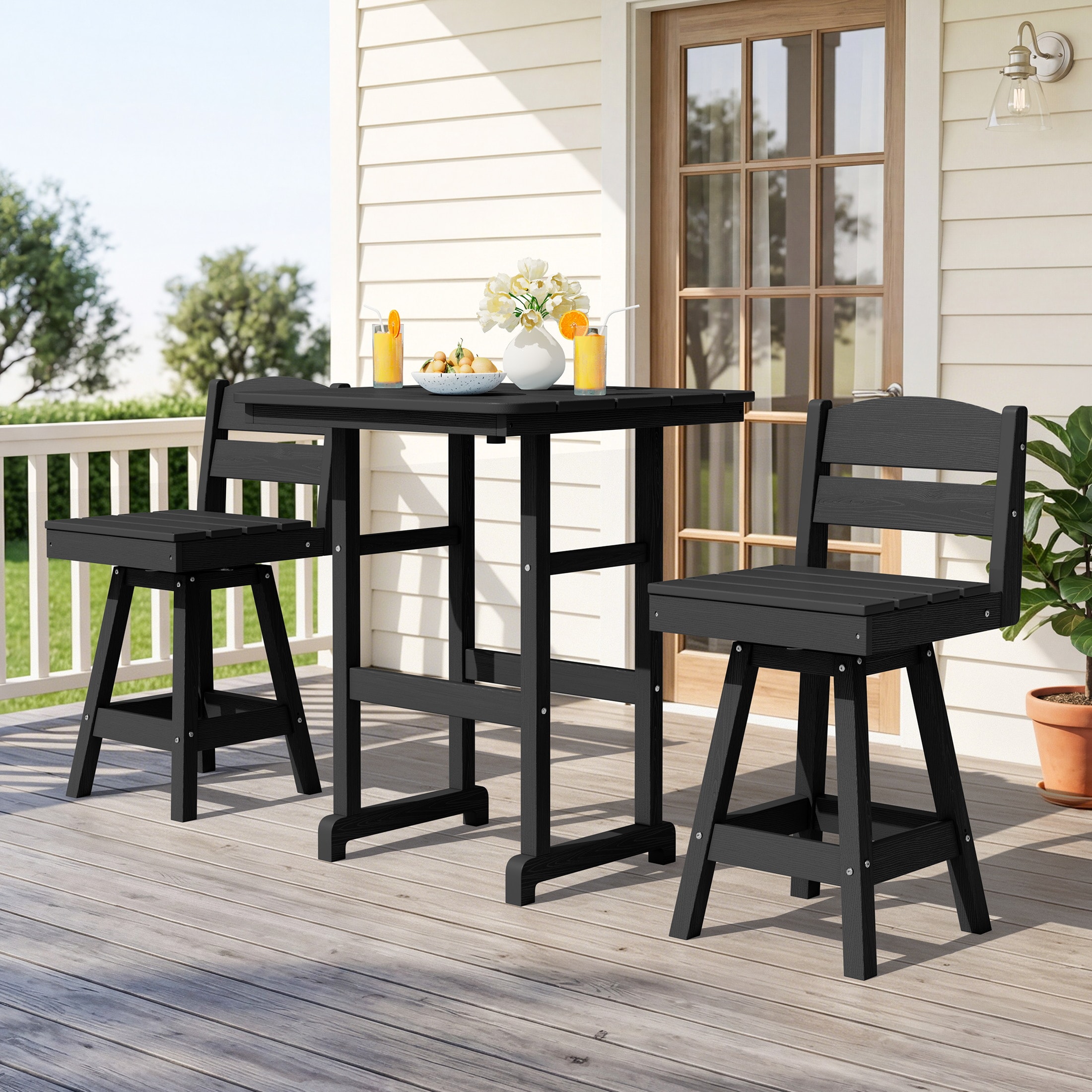 Serwall 3 Piece Patio Counter Height Dining Set HDPE Outdoor Bistro Set with Square Table and 2 Swivel Armless Bar Stools Black