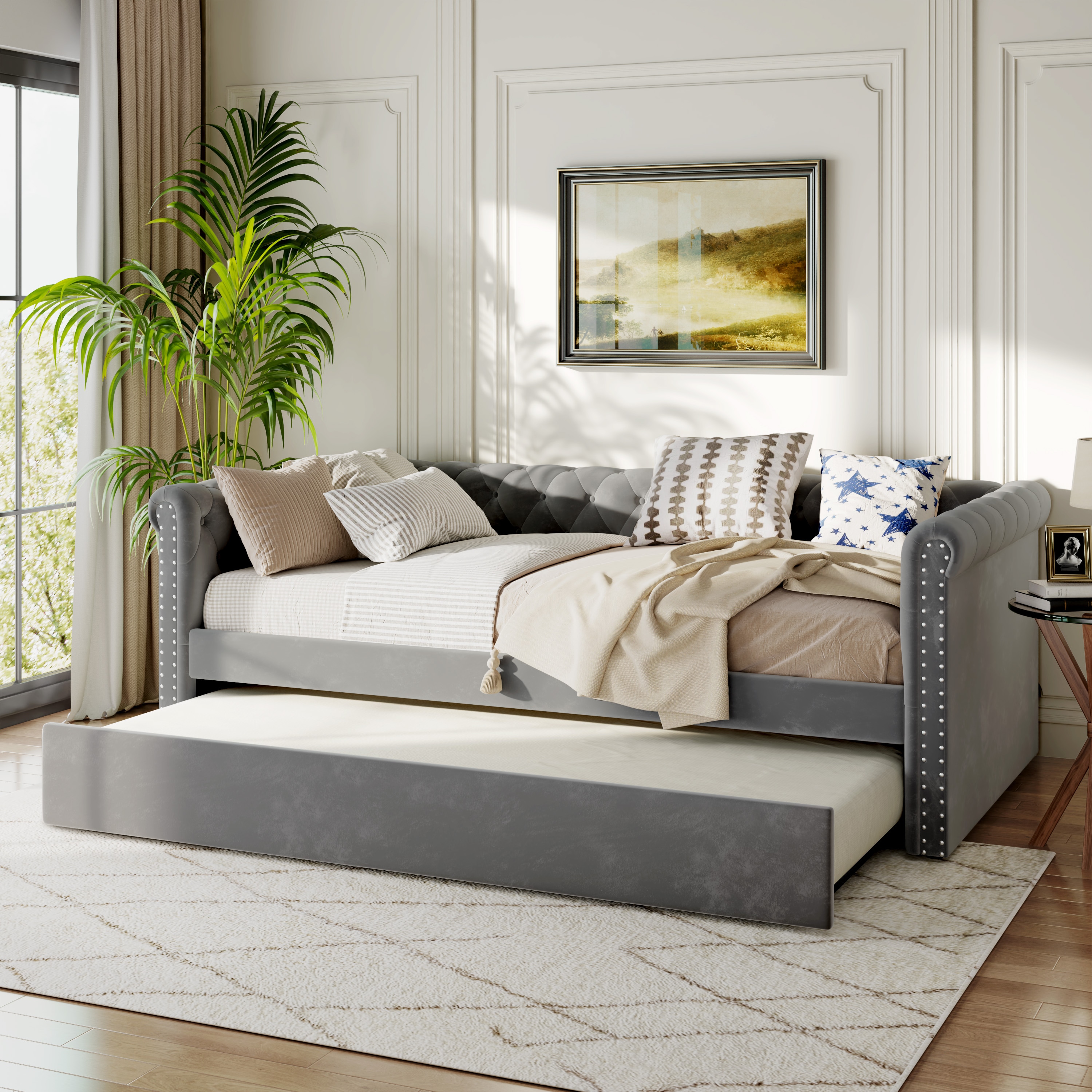 Christopher Knight Home Modern Wood Velvet Upholstered Daybed with Pull Out Trundle Bed Tufted Backrest Curved Armrests and No Box Spring Grey