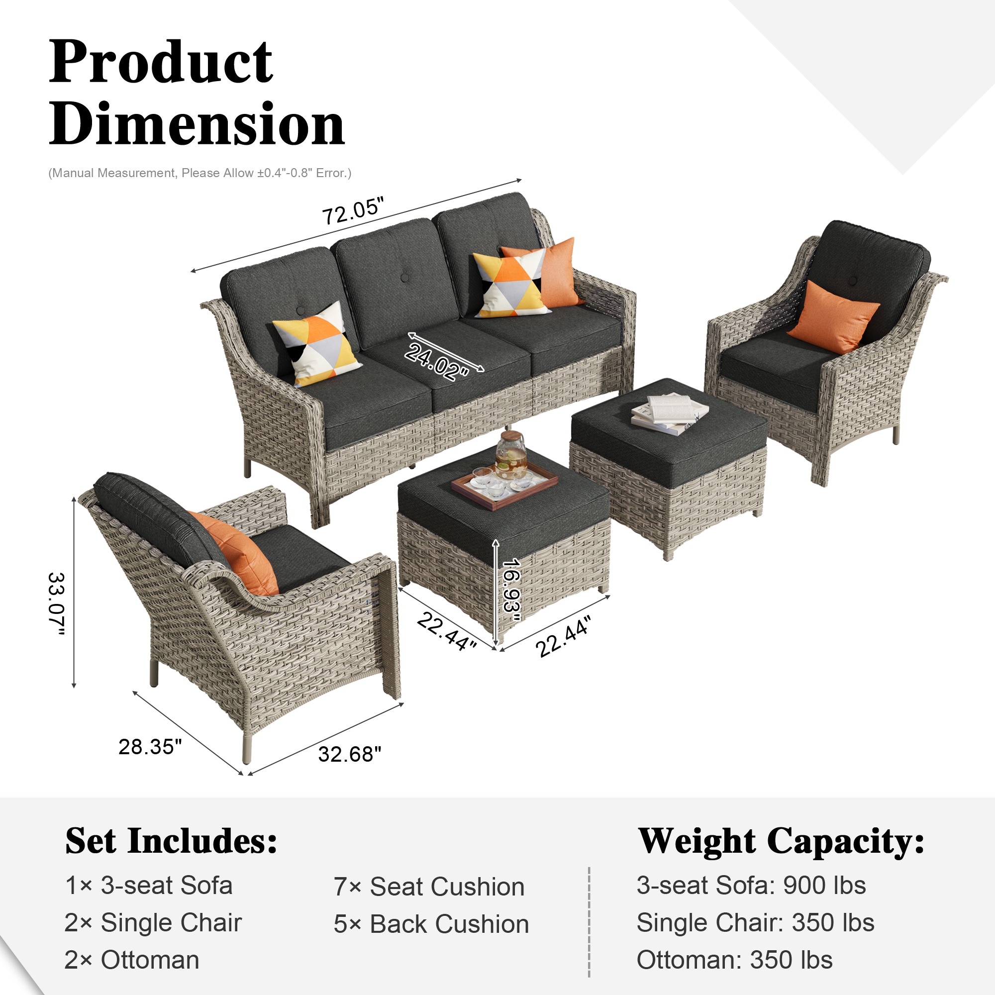 Pouuin 5-Piece Rattan Patio Conversation Set with Black Cushions in the ...