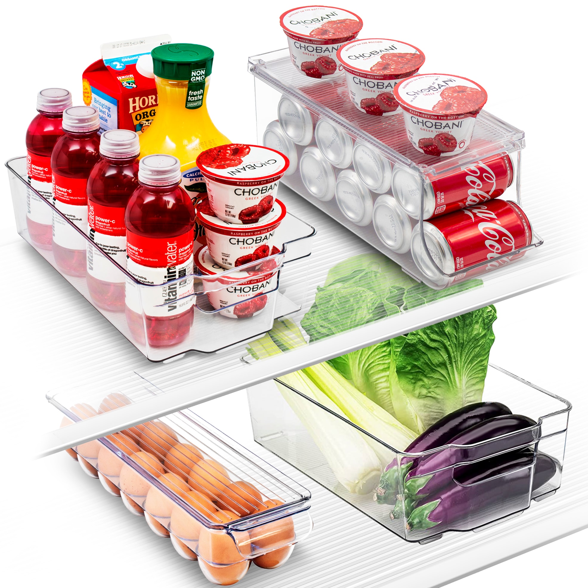 SORBUS  4 Piece Clear Acrylic Organizers Include 2 drawers 1 can dispenser drawer 1 egg drawer Great for kitchen fridge pantry and more