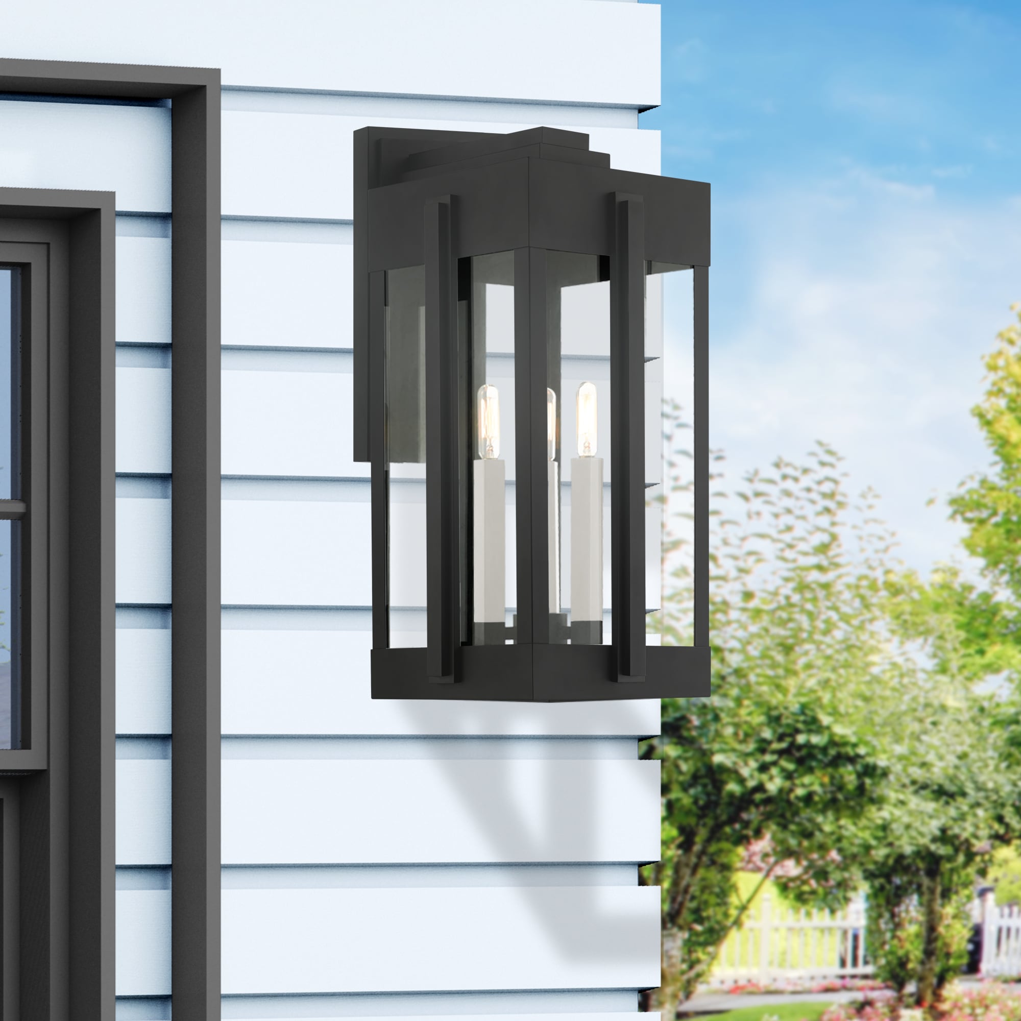 Black Brass Lantern Sconce with Clear Glass