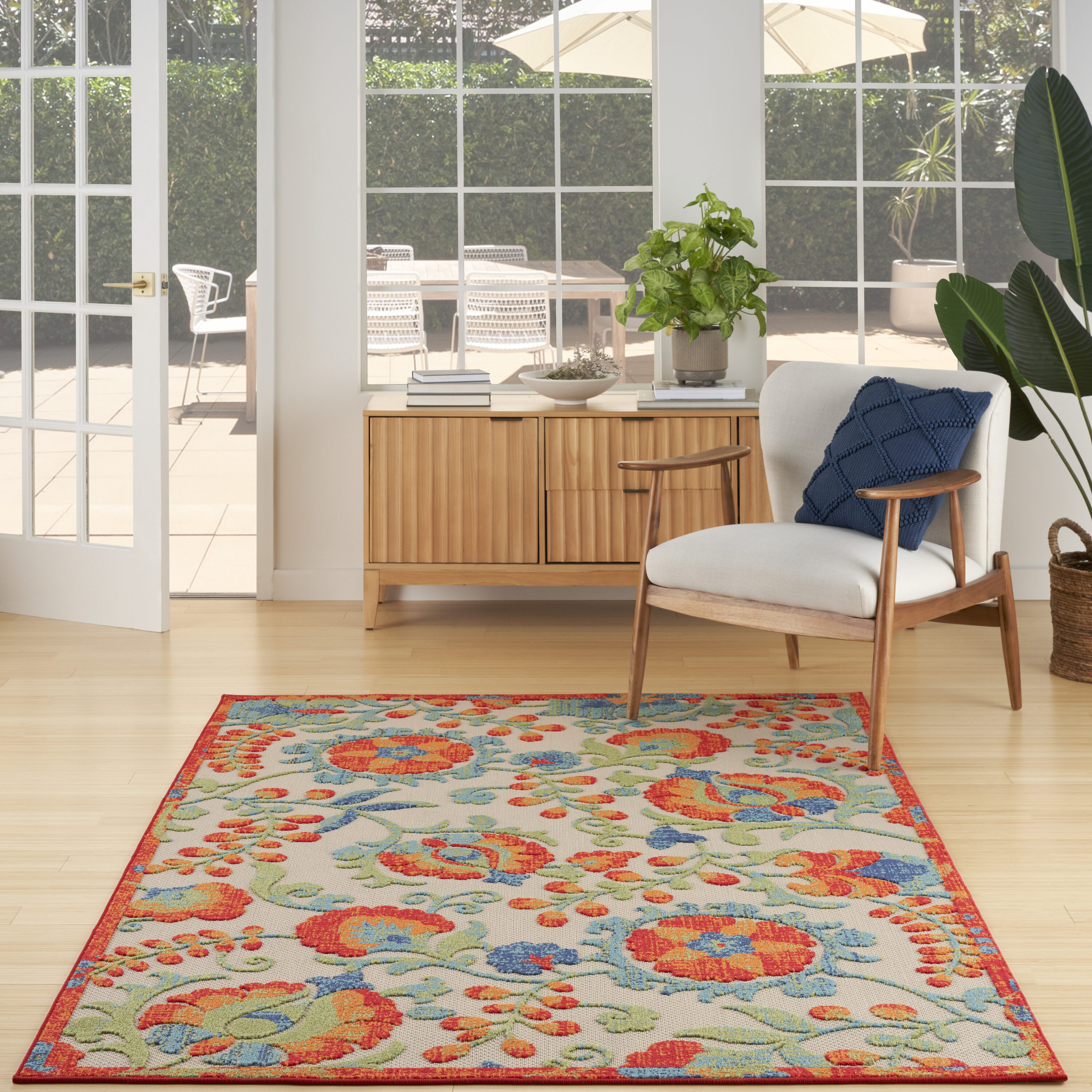 Nourison Home 099446952424 4 x 6 (ft) Loomed Polypropylene Red Multicolor Rectangular Indoor/Outdoor Floral/Botanical Tropical Area rug