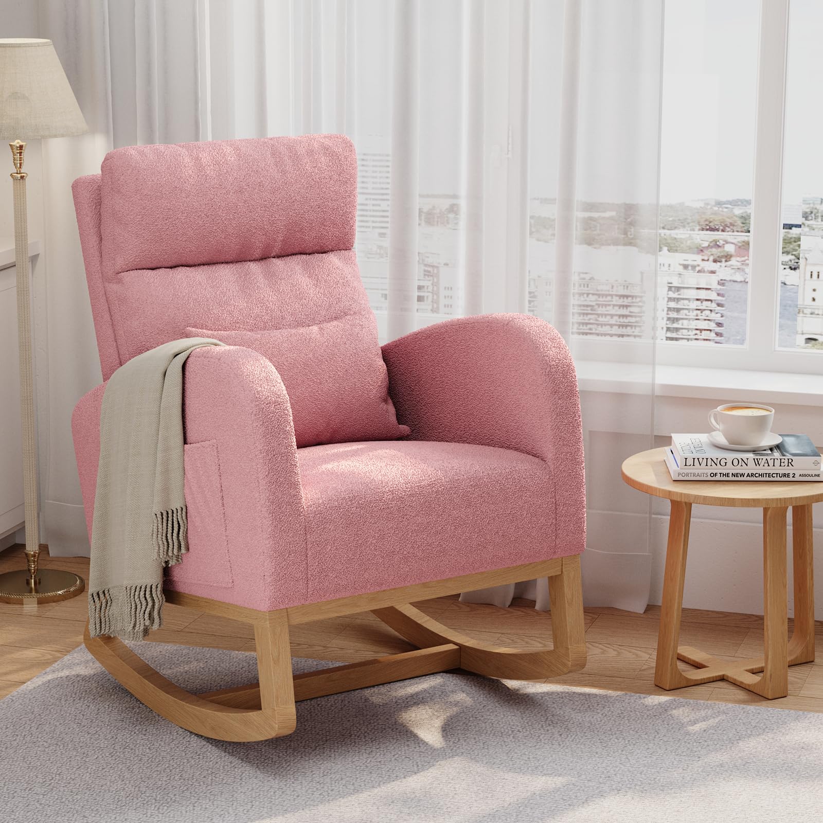 IdealHouse - Pink Plush Teddy Fleece Upholstery Glider Side Pockets Matching Pillow Modern Nurser...
