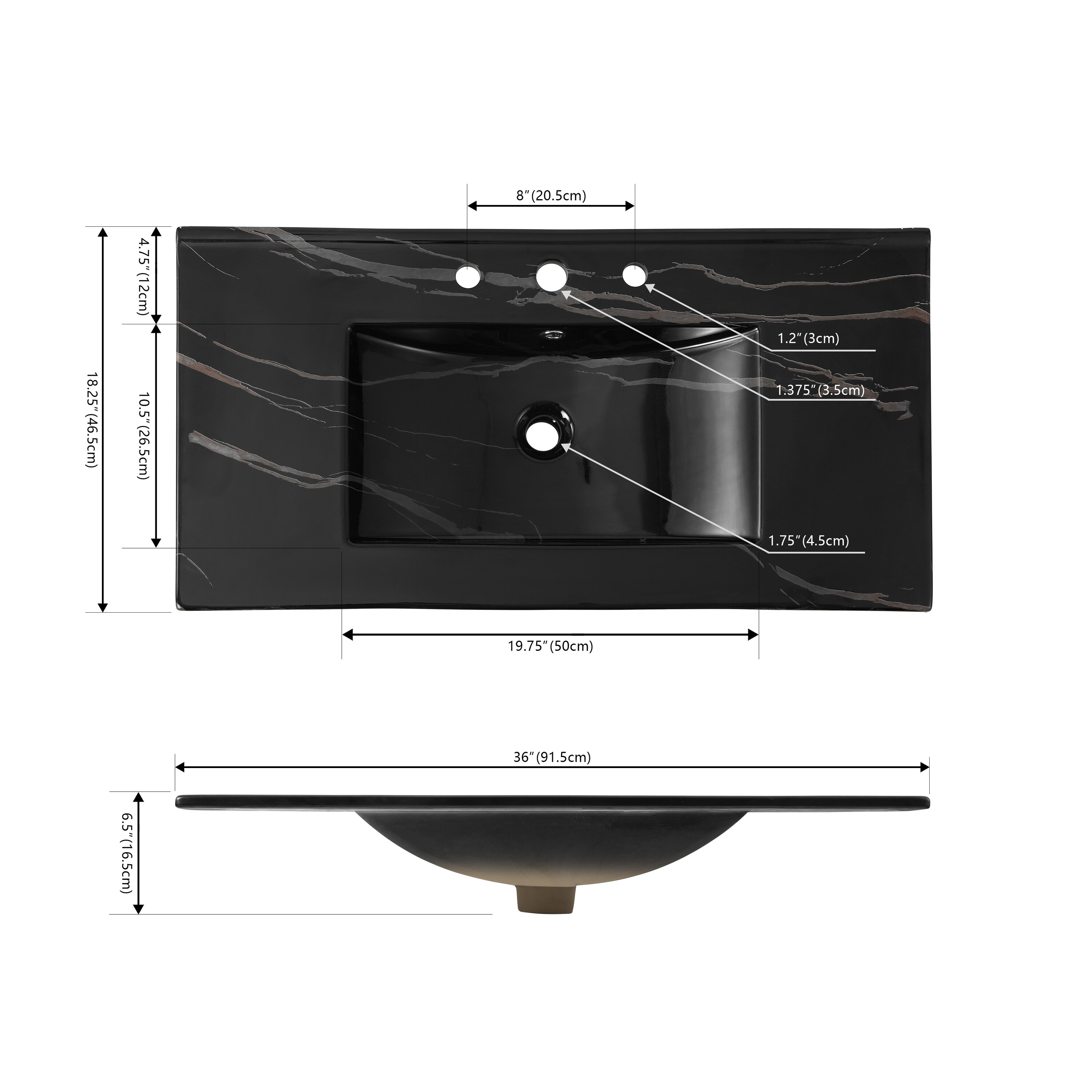 Ancillary 36" Black Marble Ceramic Rectangular Single Sink Vanity Top