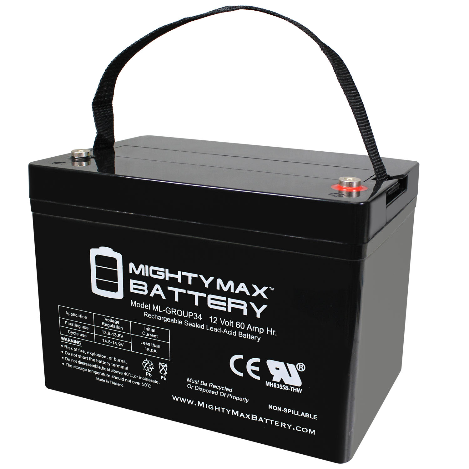 Mighty Max Battery ML-GROUP34 ML-Group34 -12V 60AH, Internal Thread Terminal Rechargeable Sealed lead acid 12600 Backup power Batteries