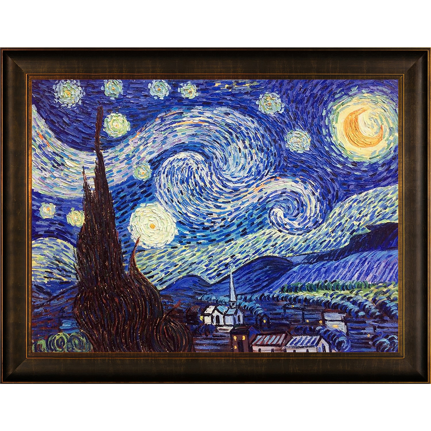 La Pastiche 688576874500 Starry Night Vincent Van Gogh Bronze/Brown Wood Framed 36.5-in H x 46.5-in W Landscape Canvas Hand-painted Painting