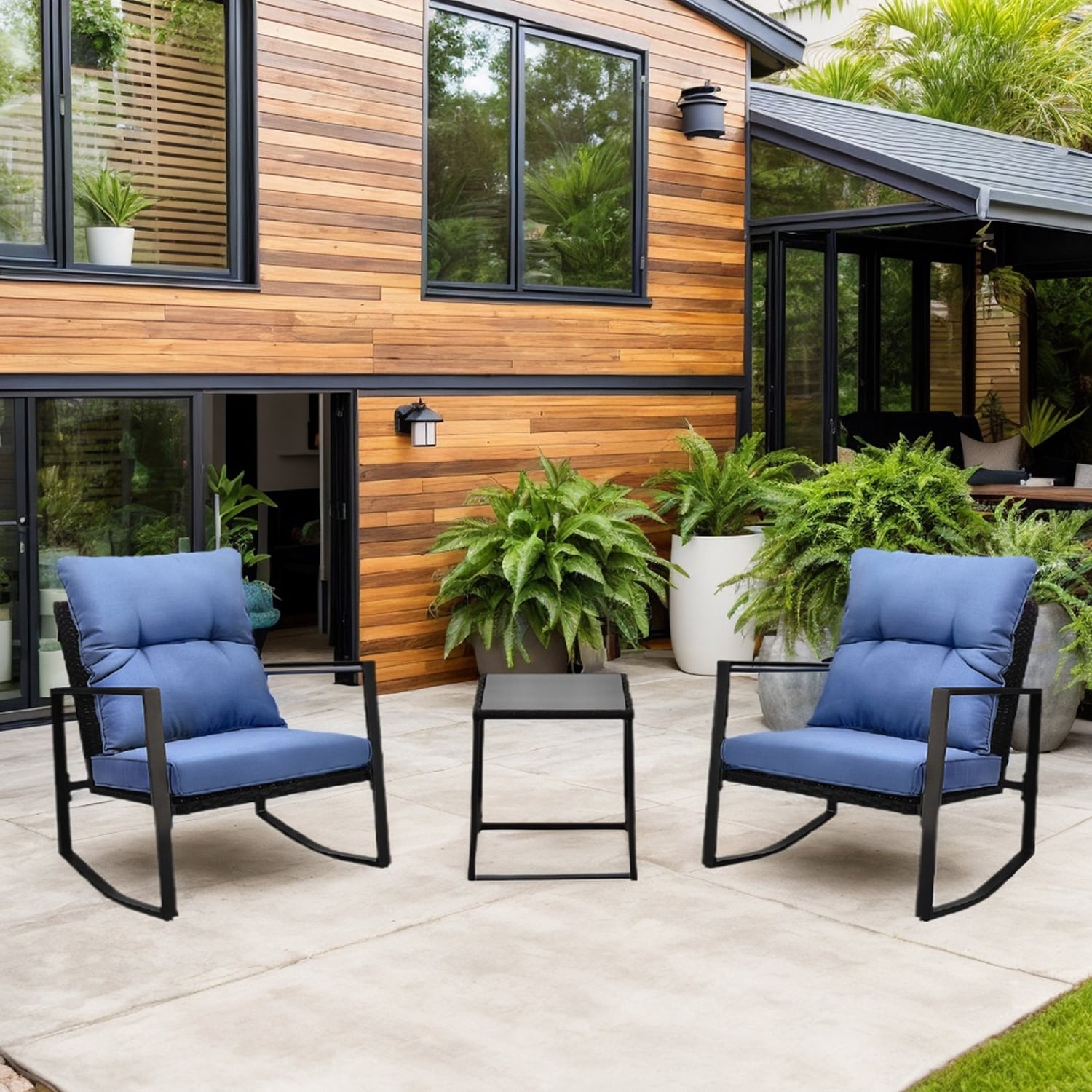 Mondawe MDSL8863 3 -Piece Patio Conversation Set with Blue Cushions