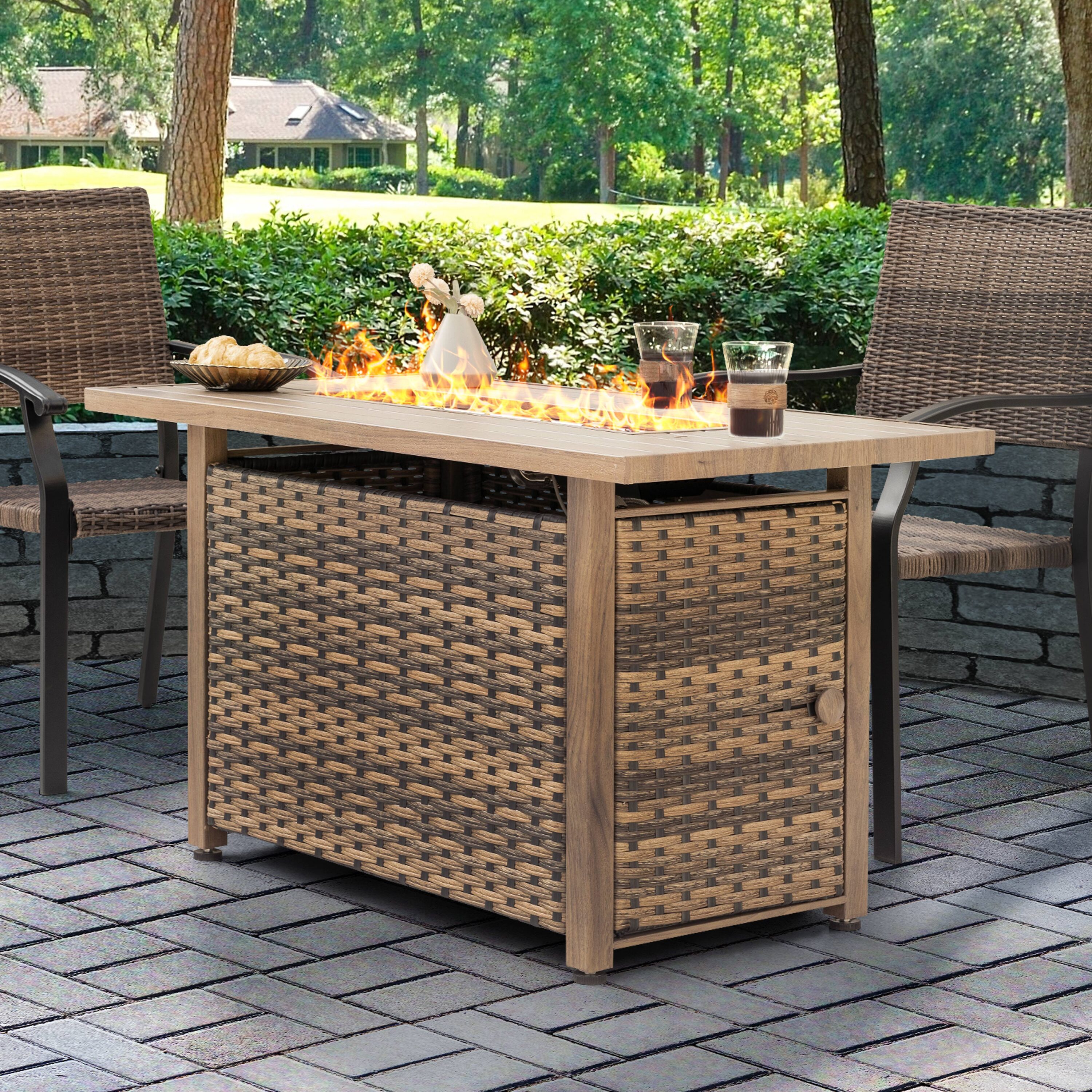 Nuu Garden 43'' Brown Rattan Gas Fire Pit Table with Glass Beads