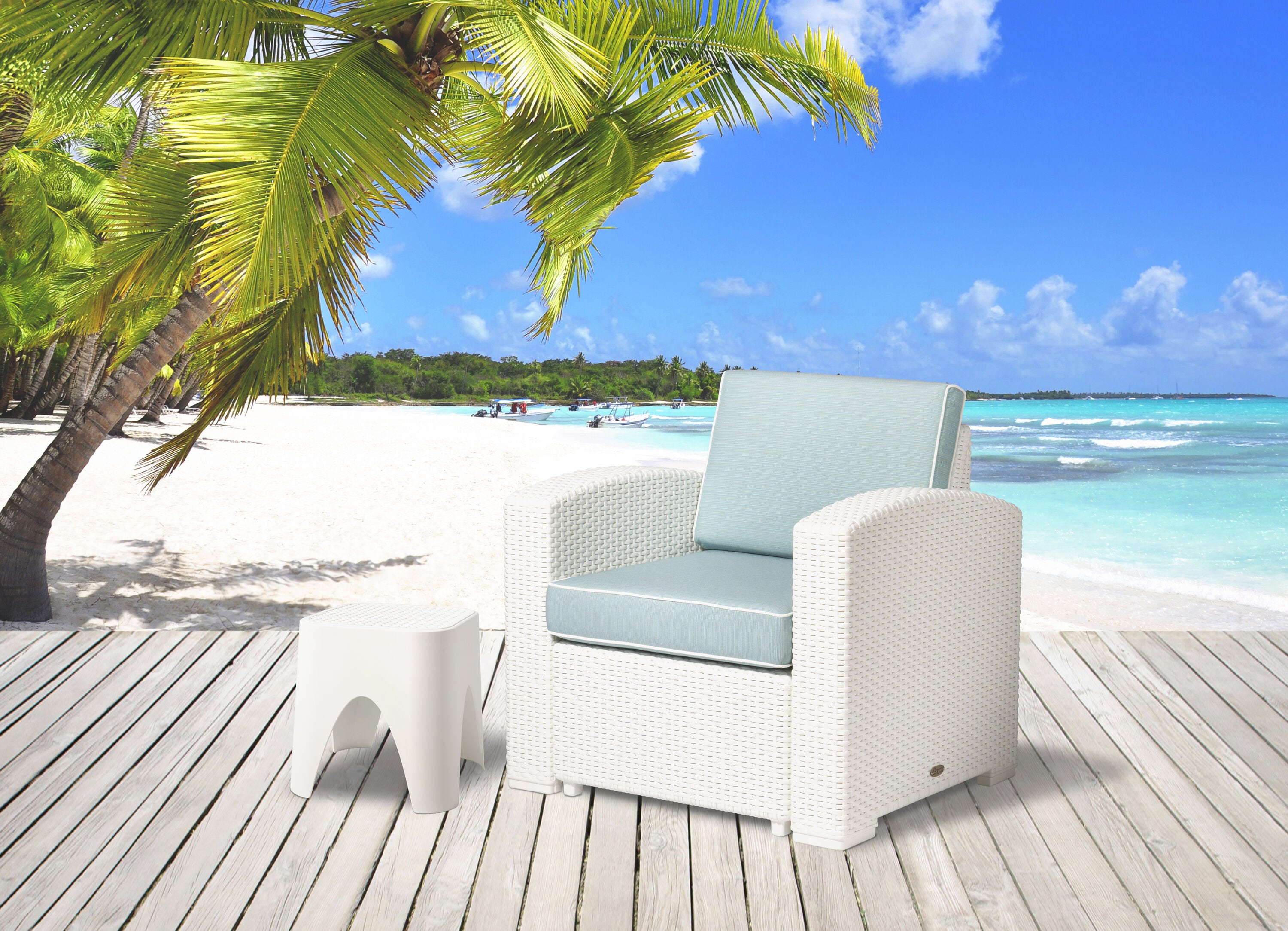 Lagoon 7023W8-CCLG3 Magnolia Rattan White Rattan Frame Stationary Conversation Chair with Blue Cushioned Seat