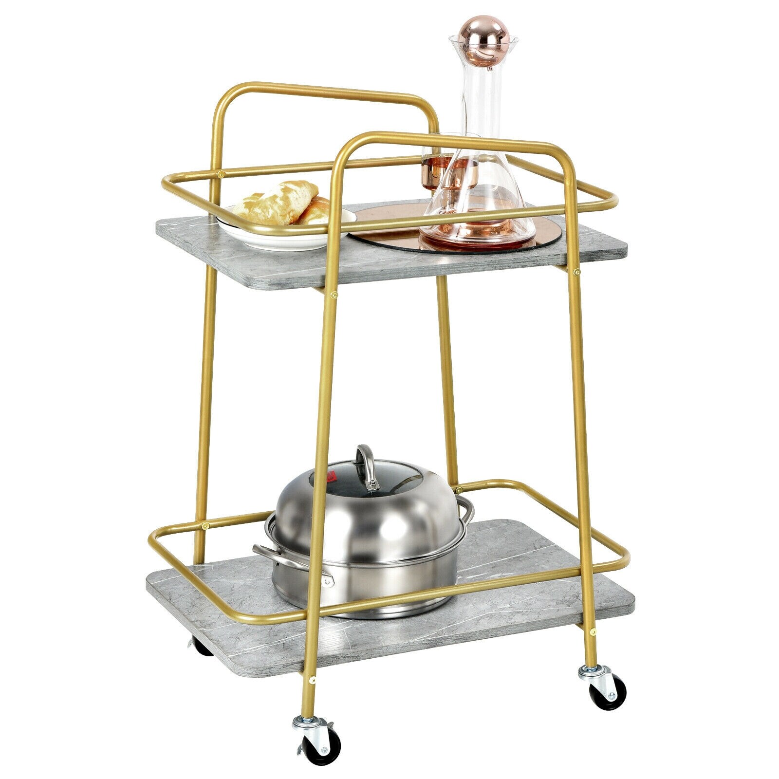 Fenbeli - Rolling Kitchen Utility Cart 2 Tier Serving Cart with Handle Storage Shelves and Lockab...