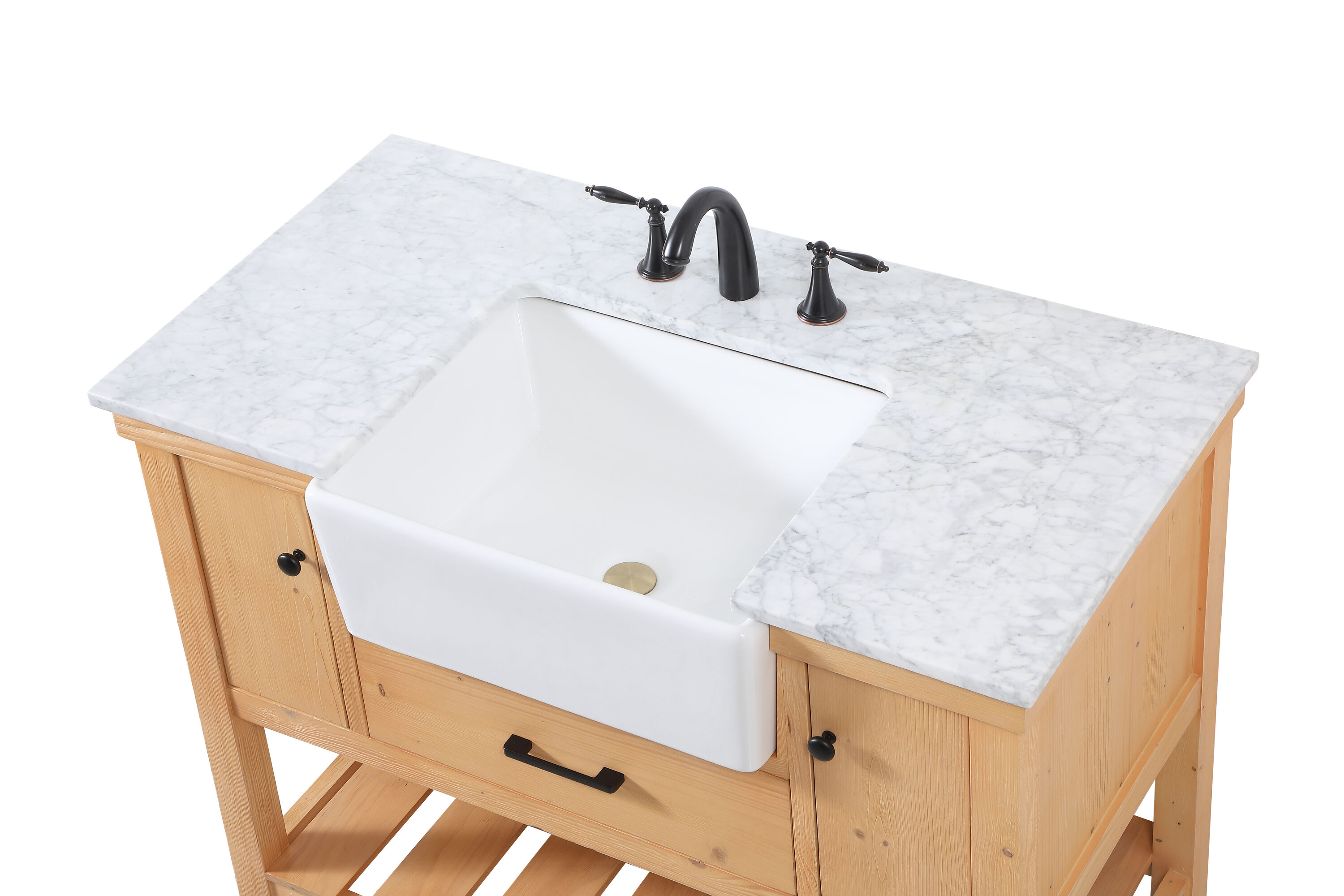 Natural Wood Single Sink Vanity with White Marble Top