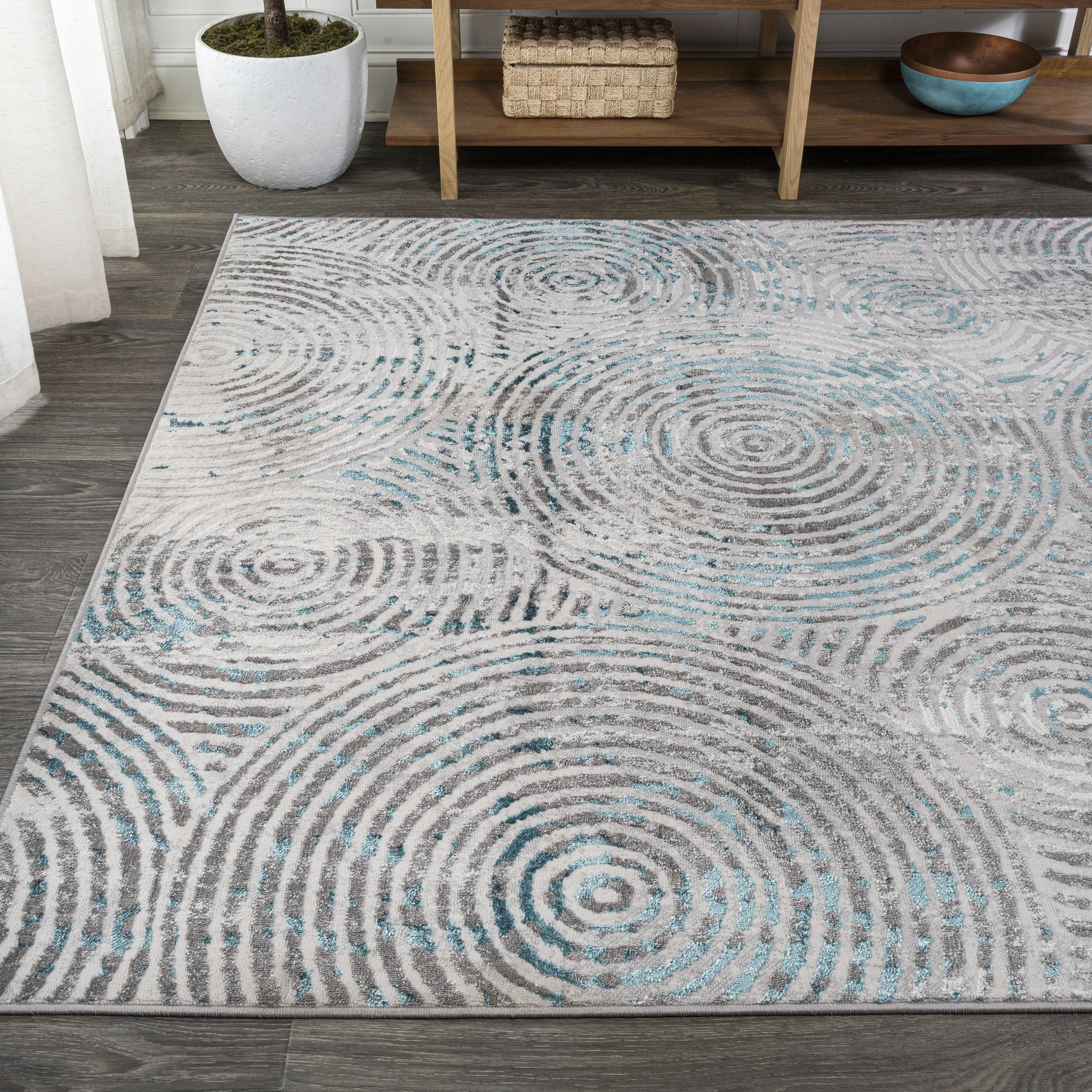 Coastal Abstract Swirls Area Rug 8' x 10' - Gray and Turquoise