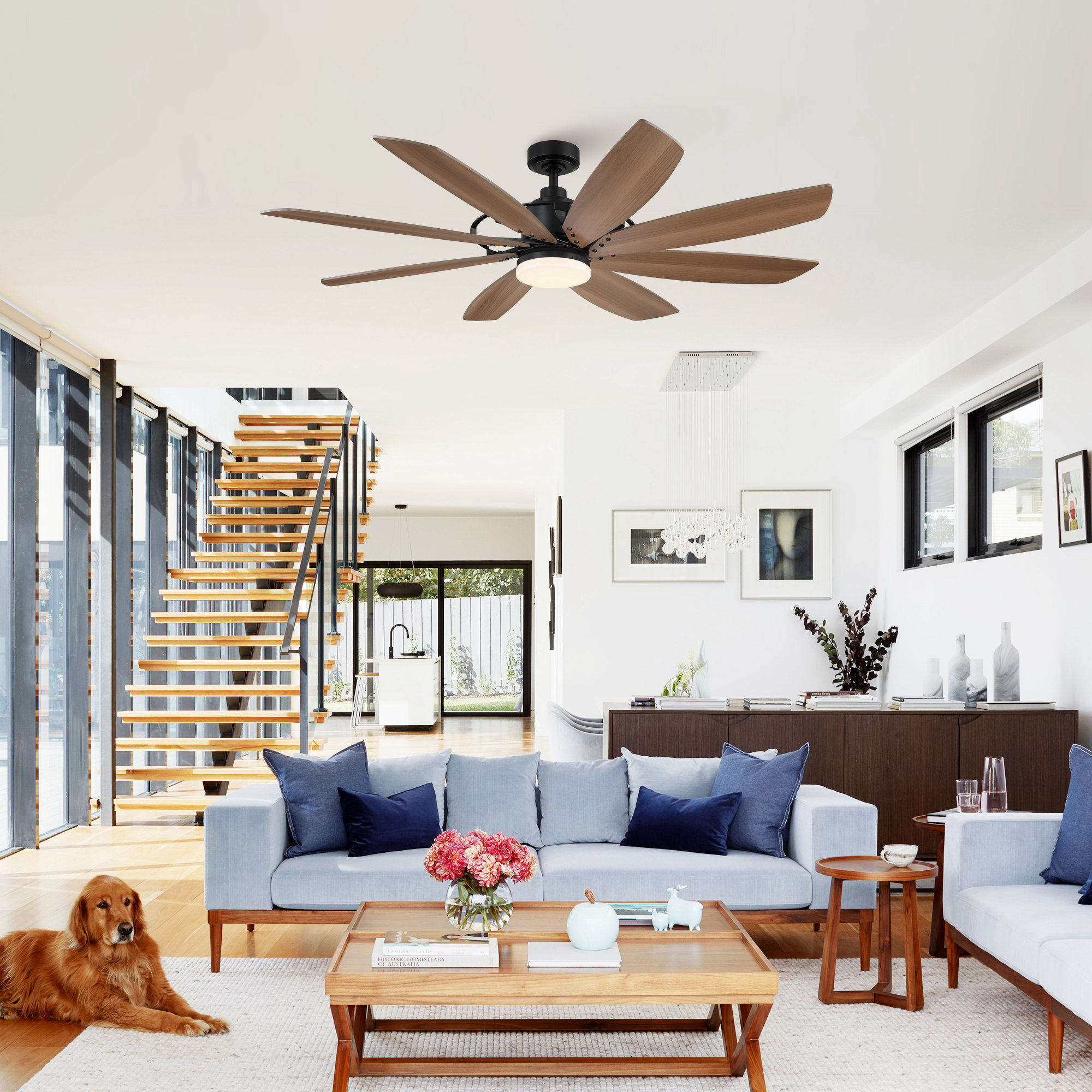 Parrot Uncle F8249110V 60-in Matte Black with Brown Blades Ceiling Fan With Light - Remote Included ( 8 -Blade )