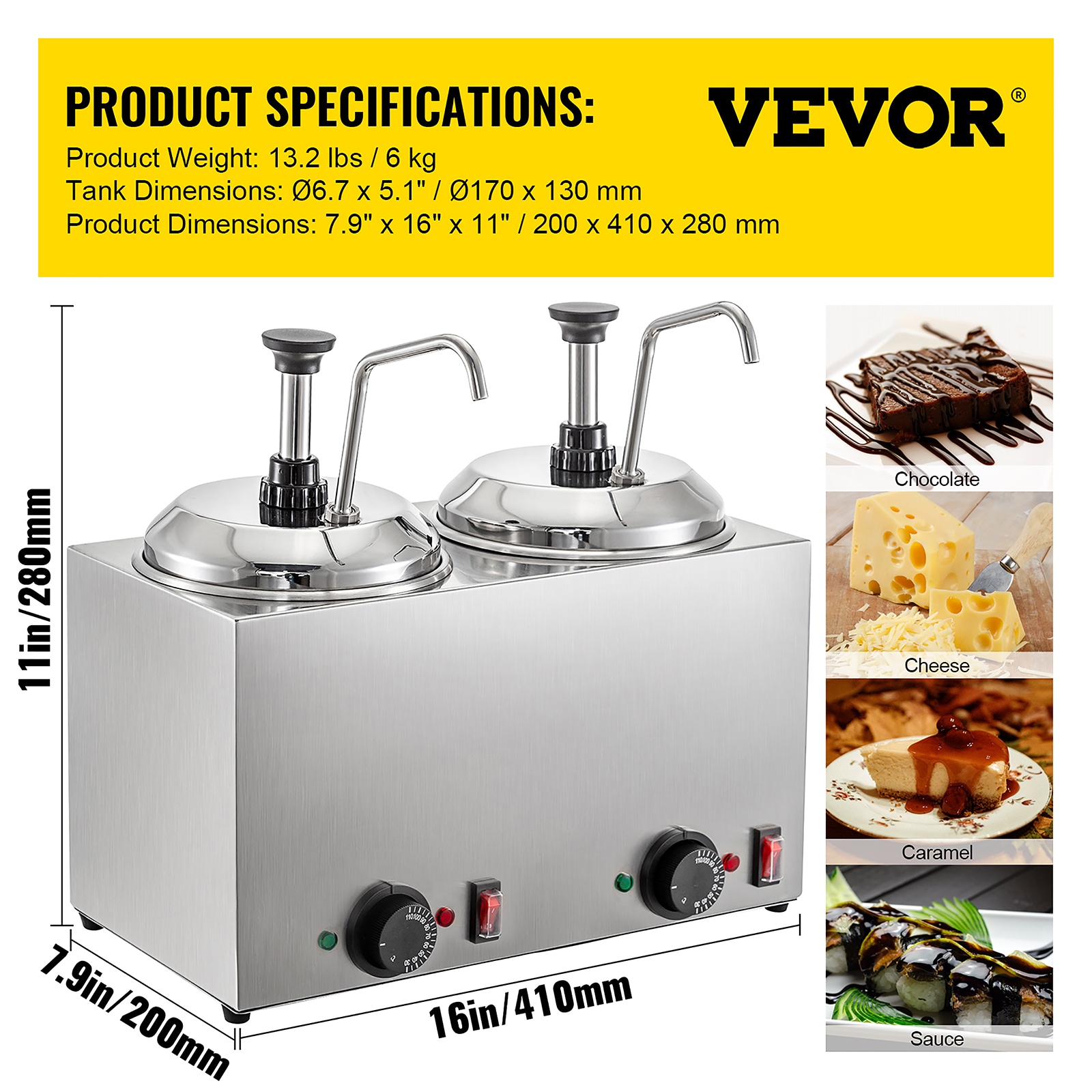 VEVOR Cheese Dispenser with Pump 4.8 Qt. Capacity Cheese Dispenser Dual  Head Spout Heater 1300 W Cheese Warmer DRNZB2TBJR0000001V1 - The Home Depot