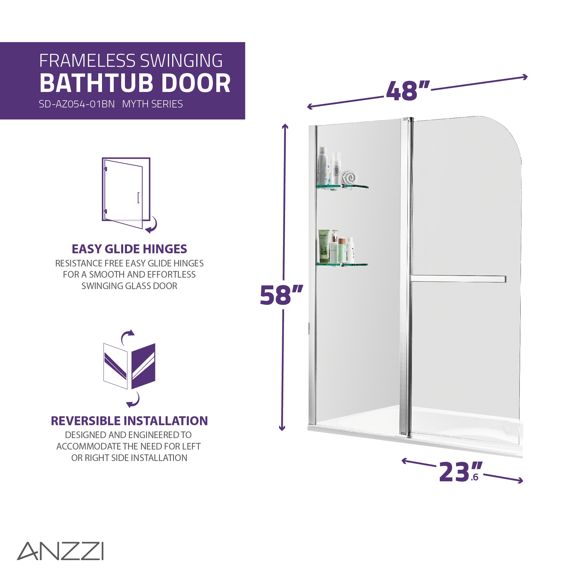 Galleon 48" x 58" Brushed Nickel Frameless Tub Door