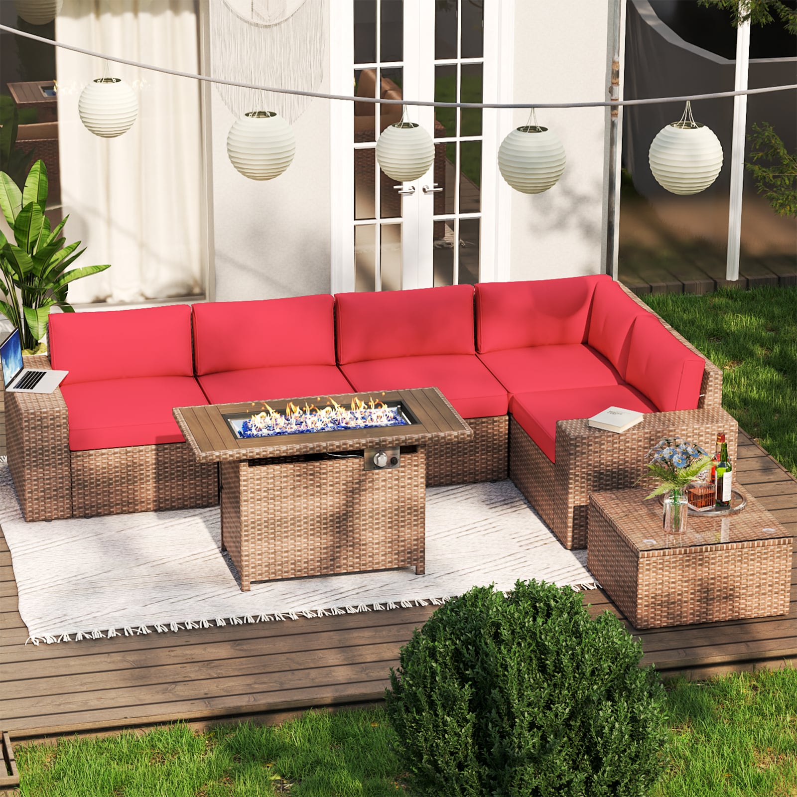 AOXUN G12039RDAB+026BR-7 7 -Piece Rattan Patio Sofa Conversation Set with Red