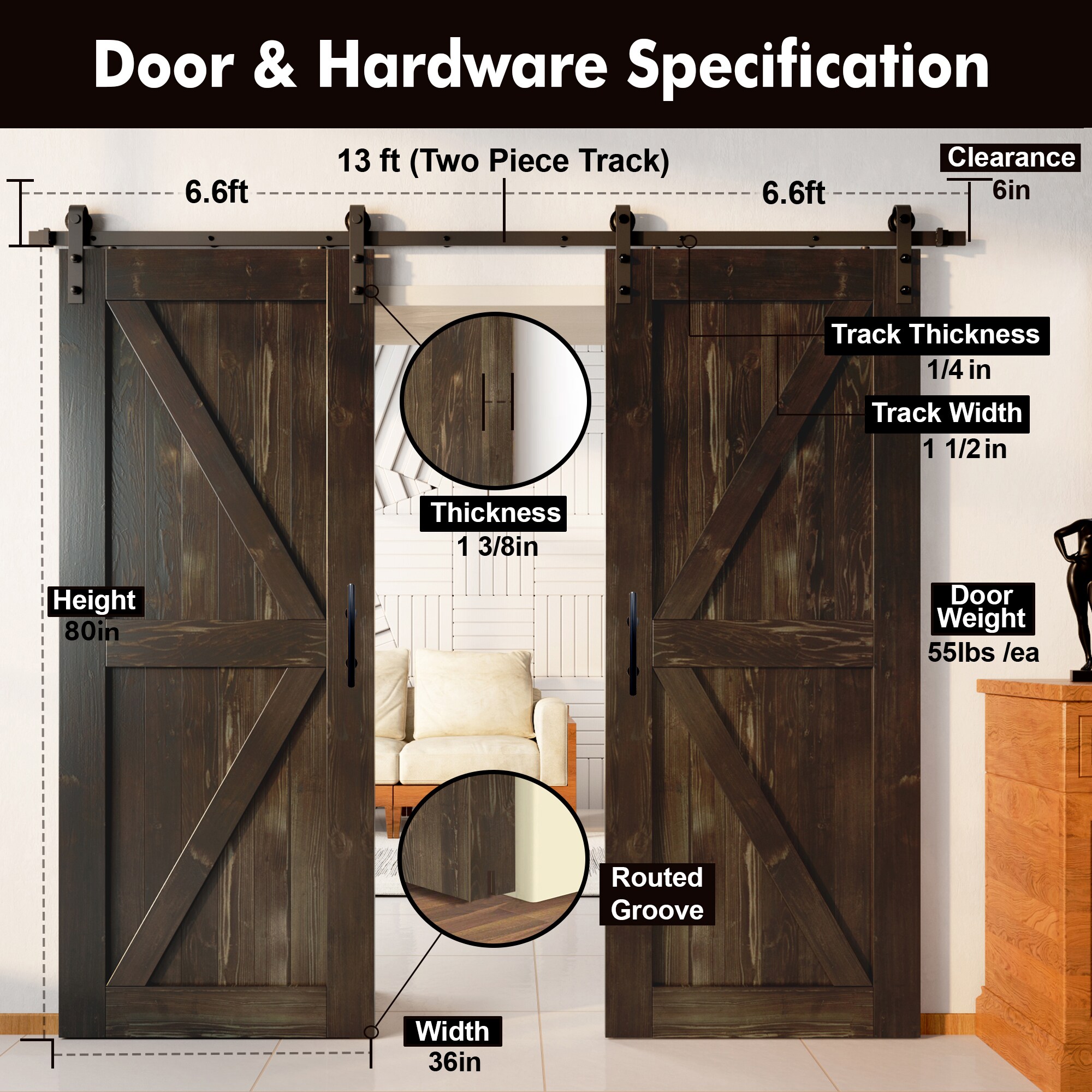 HOMACER YT2TGH156C-3680F-EB Barn-Doors - View #2