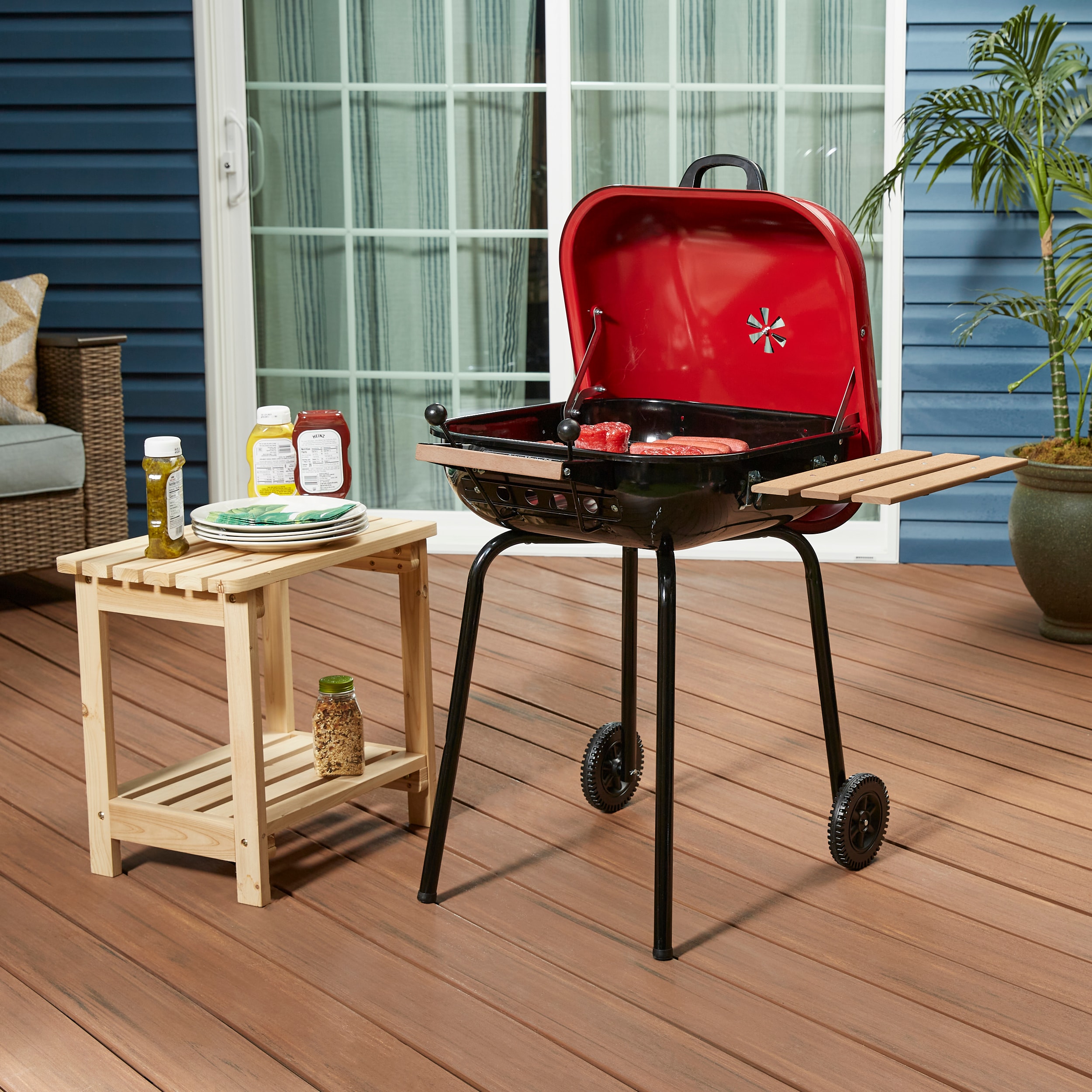 Americana Red Charcoal Grill with Smoker and Side Table