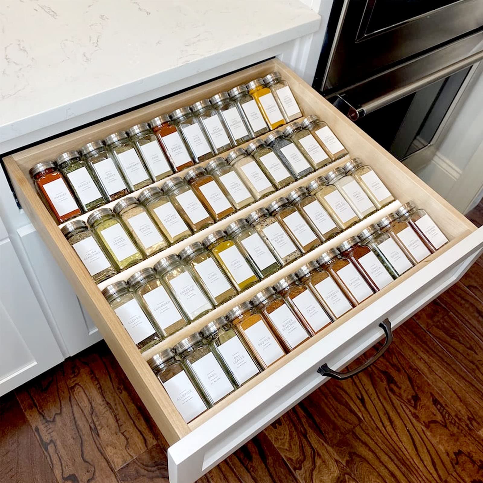 UUDULY  Clear Acrylic Spice Drawer Organizer 4 Tier Set Expandable from 13 to 26 Inch Kitchen Spice Rack Tray for Drawer or Countertop Holds 56