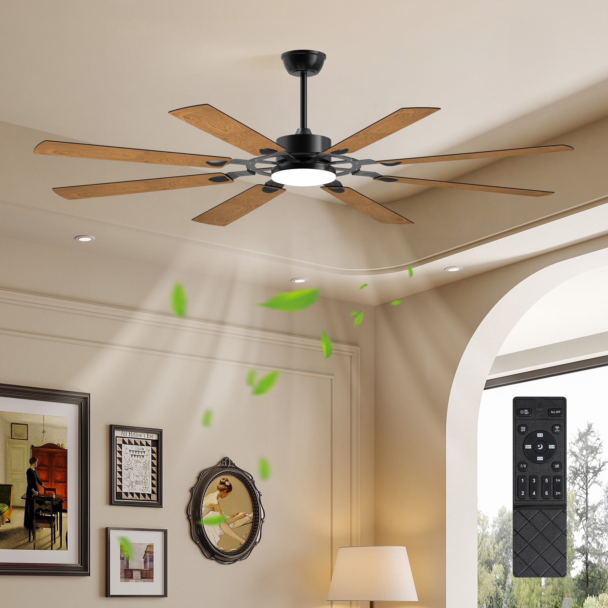 Cuschoice  72-In Black Large Ceiling Fan with LED Light 8 Blades Quiet Reversible DC Motor Modern Indoor Outdoor Ceiling Fan