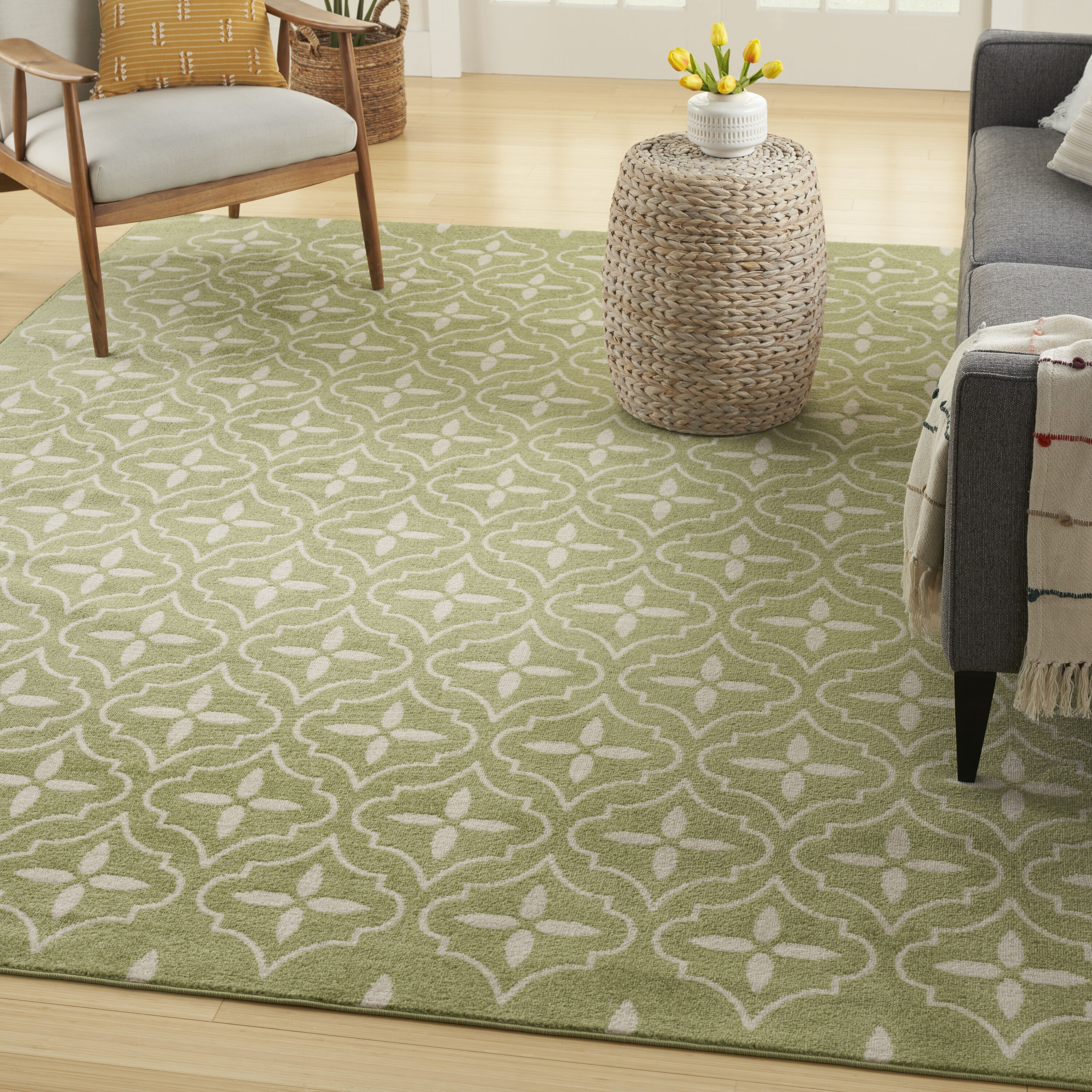 Nourison Home 099446940759 Essentials 6 x 9 (ft) Loomed Polypropylene Green Ivory Rectangular Indoor/Outdoor Trellis Area rug